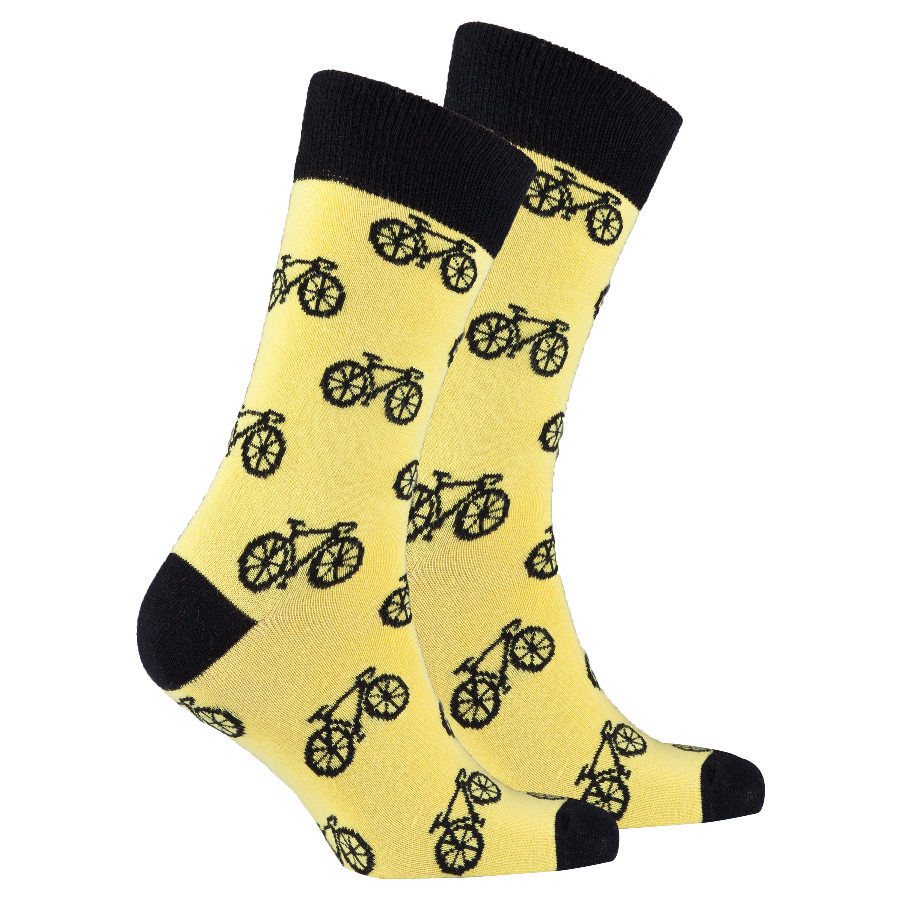 A pair of colorful men's bicycle socks featuring trendy patterns and made from soft Turkish cotton, ideal for comfort and style.