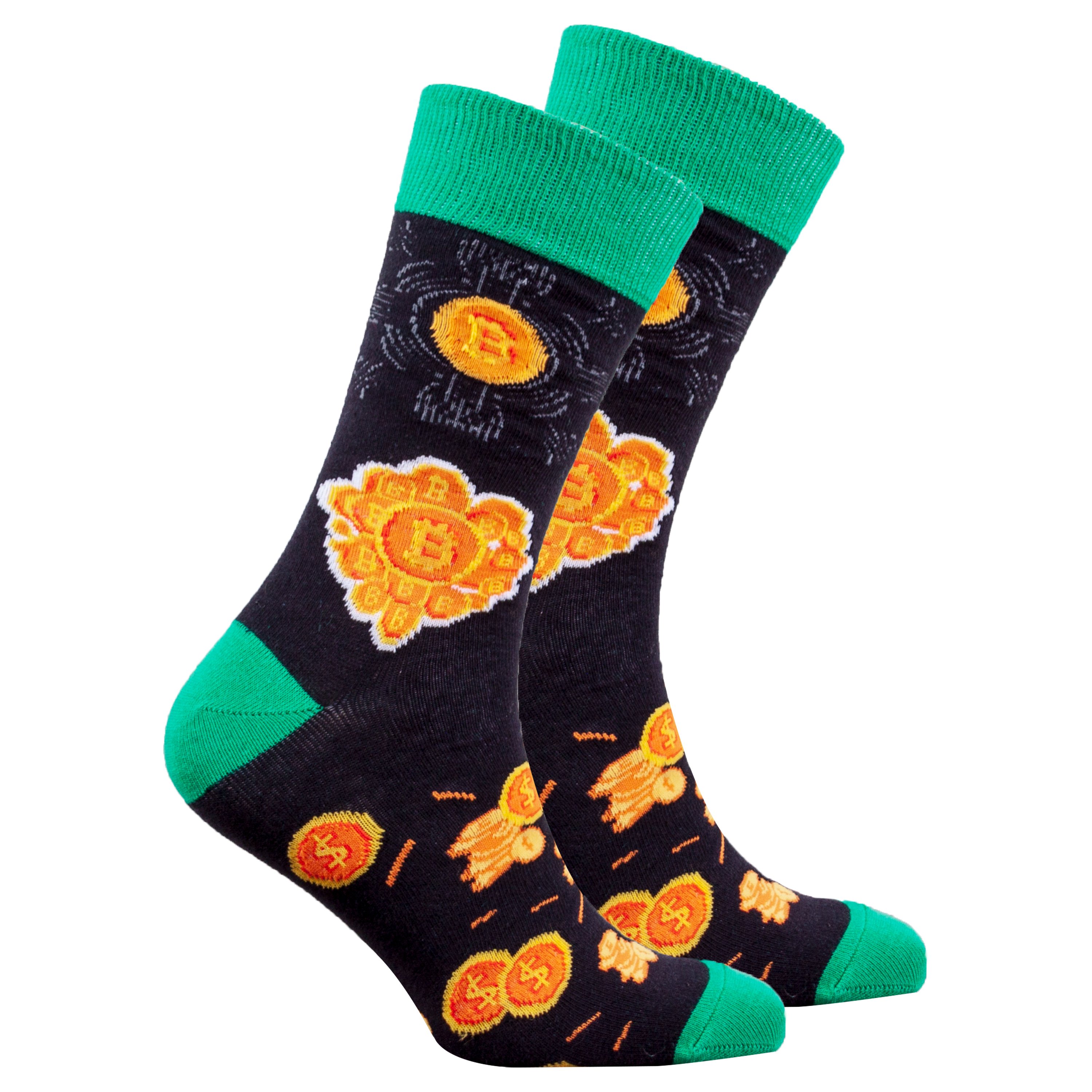 Men's Bitcoin Socks featuring colorful Bitcoin designs, made from soft Turkish cotton for comfort and style.