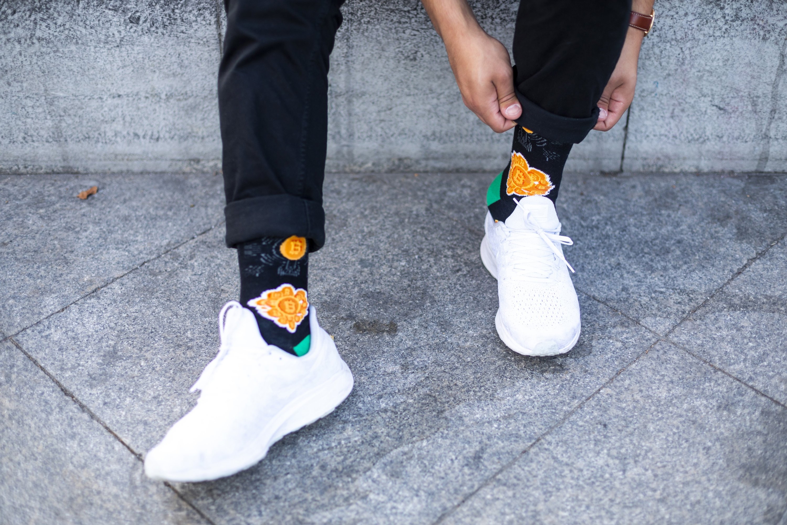 Men's Bitcoin Socks featuring colorful Bitcoin designs, made from soft Turkish cotton for comfort and style.