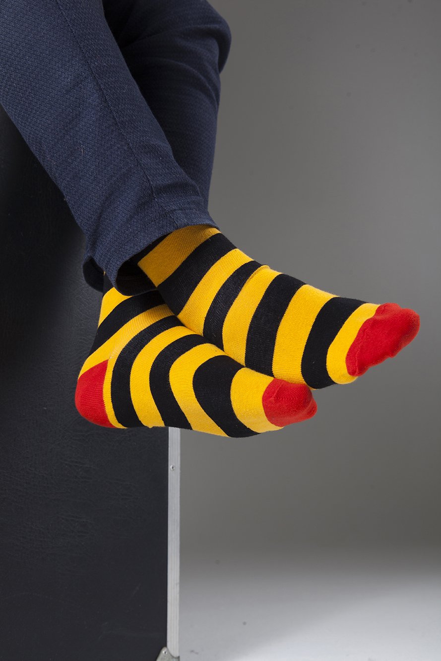 Men's Black Flame Stripe Socks featuring a vibrant flame pattern, made from soft Turkish cotton for comfort and style.