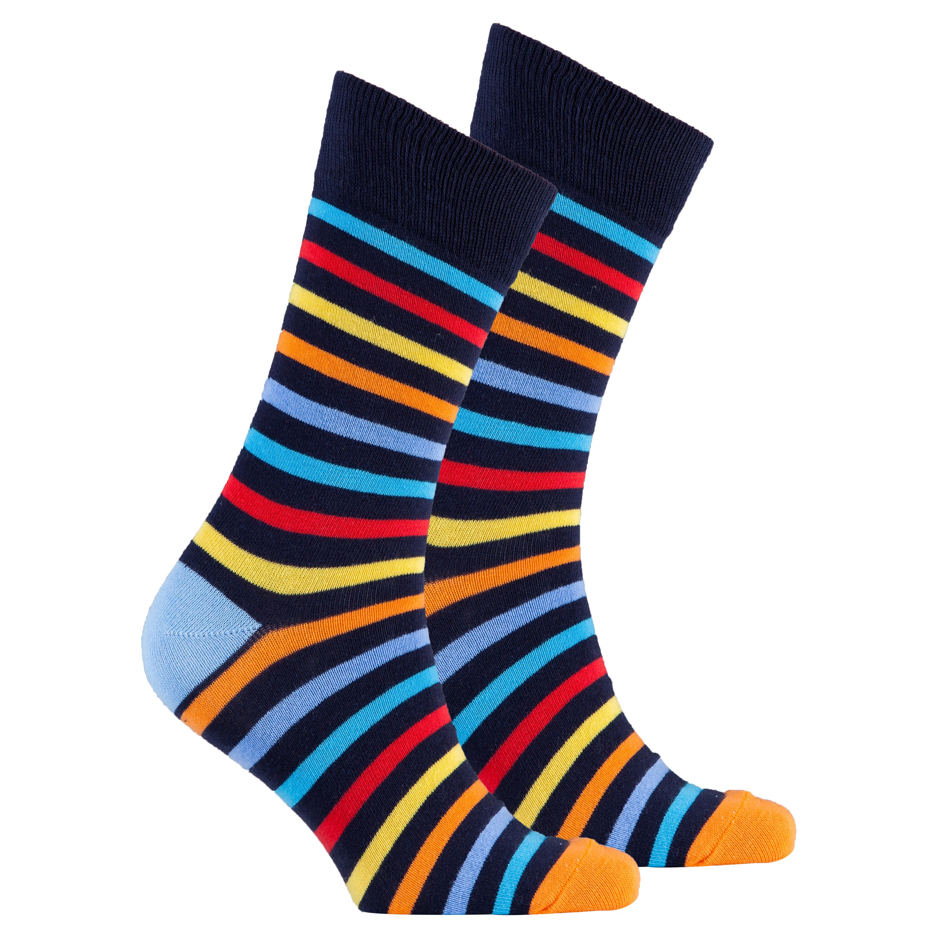 Men's Black Rainbow Stripe Socks featuring vibrant colors and a stylish design, perfect for adding flair to any outfit.