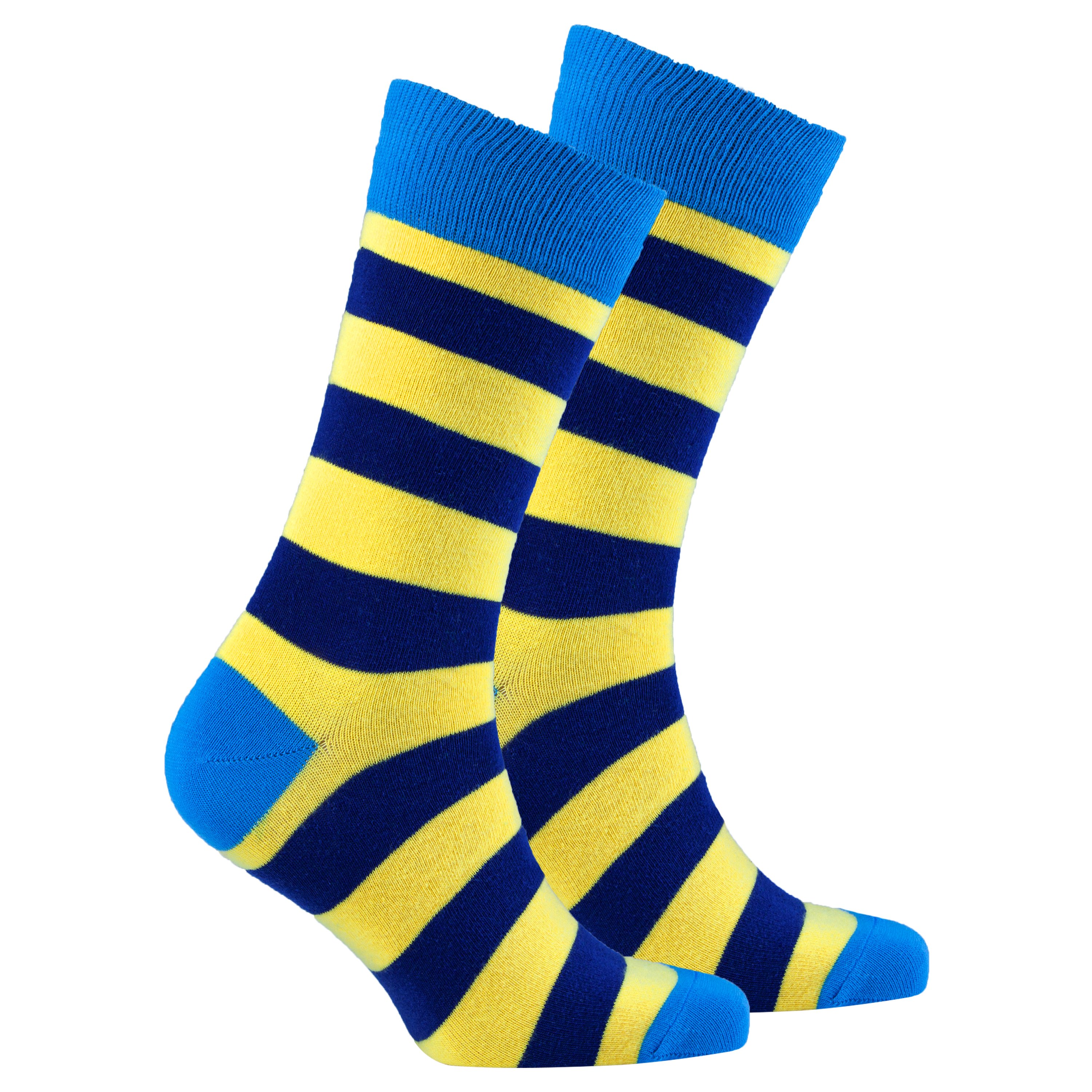 Men's Blue Canary Stripe Socks featuring vibrant colors and trendy patterns, made from soft Turkish cotton for comfort.