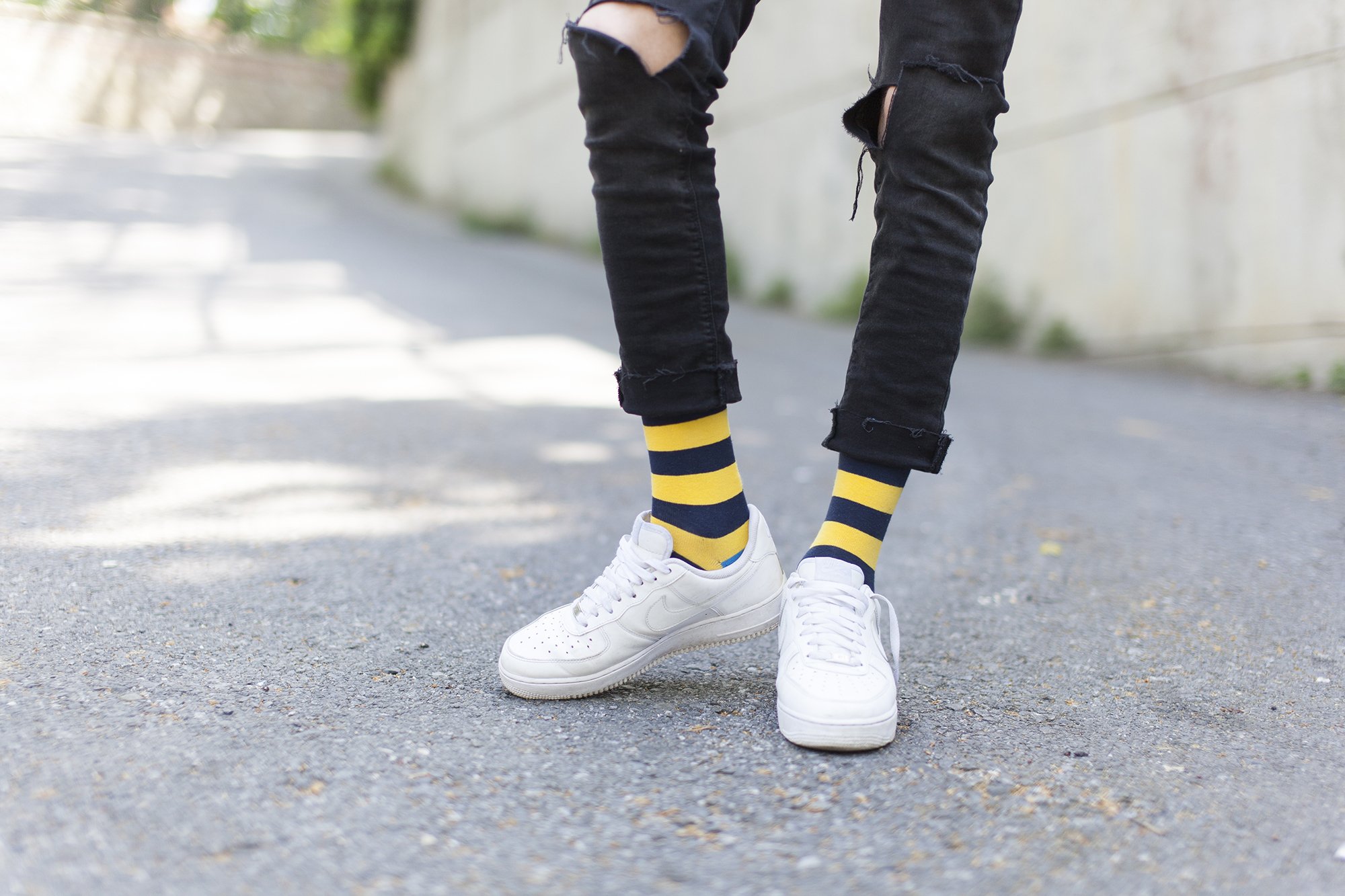 Men's Blue Canary Stripe Socks featuring vibrant colors and trendy patterns, made from soft Turkish cotton for comfort.