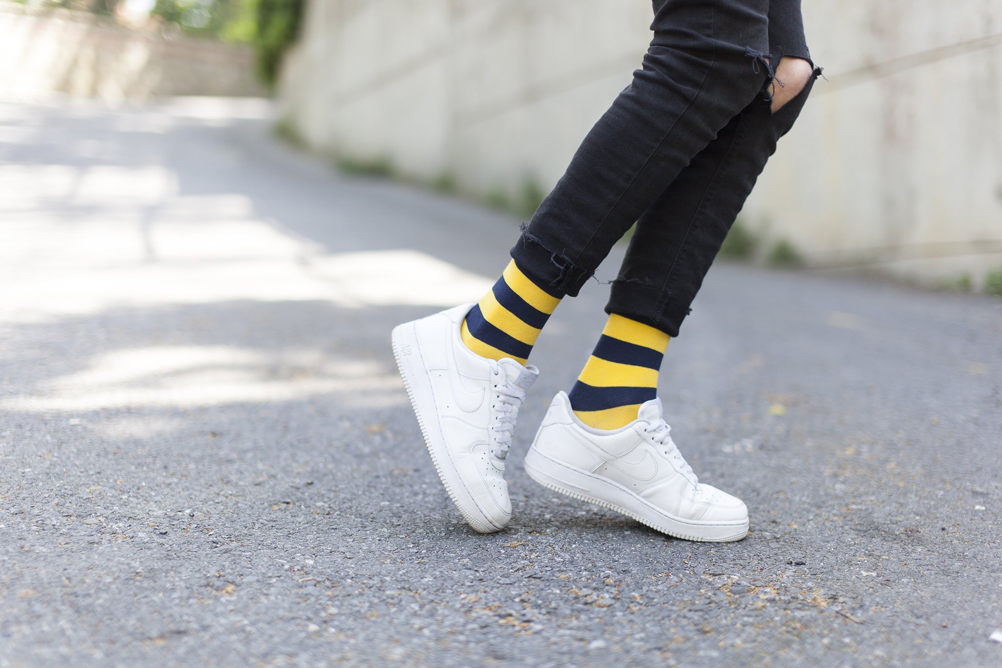 Men's Blue Canary Stripe Socks featuring vibrant colors and trendy patterns, made from soft Turkish cotton for comfort.