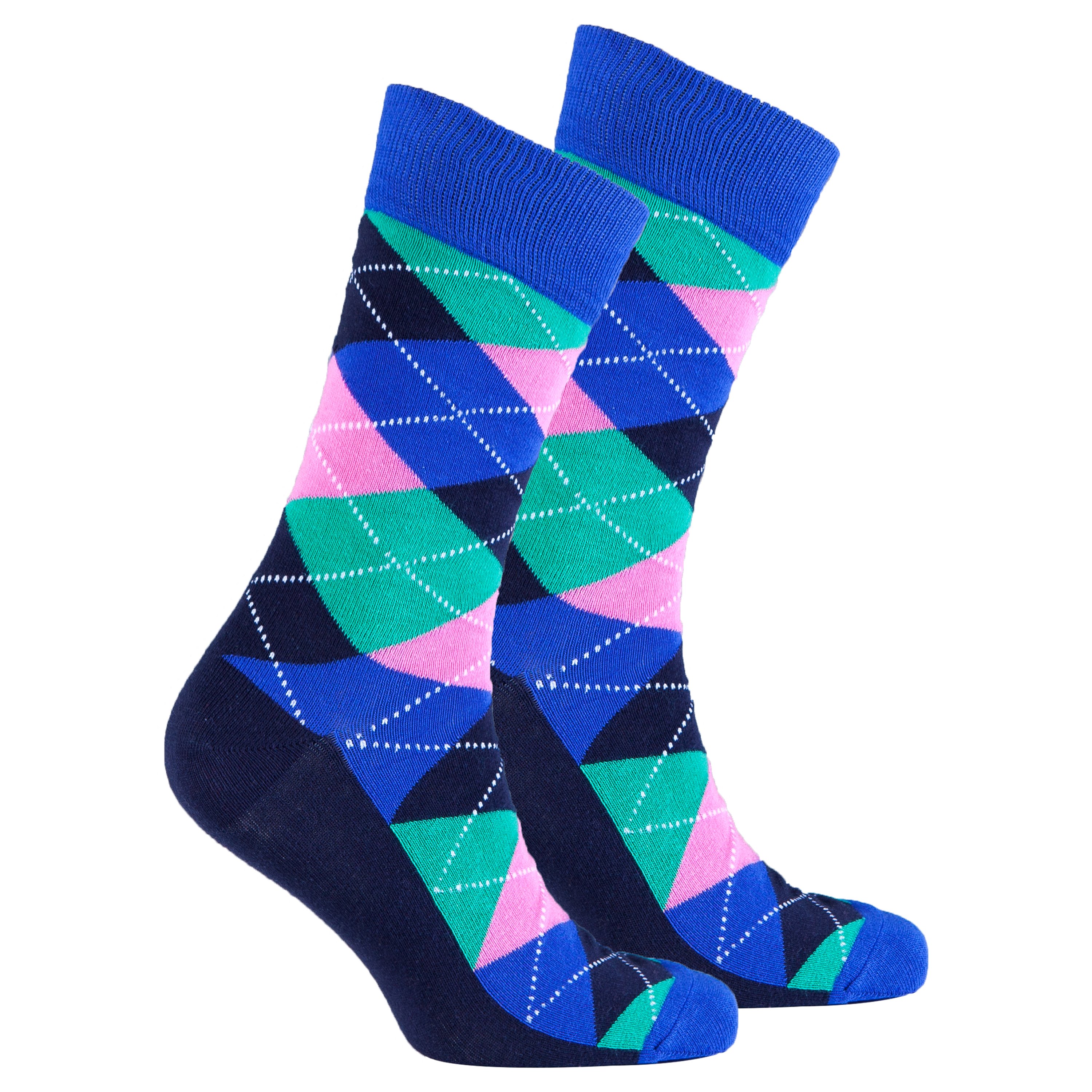 Men's Blue Candy Argyle Socks featuring a vibrant blue and colorful argyle pattern, made from soft Turkish cotton for comfort.