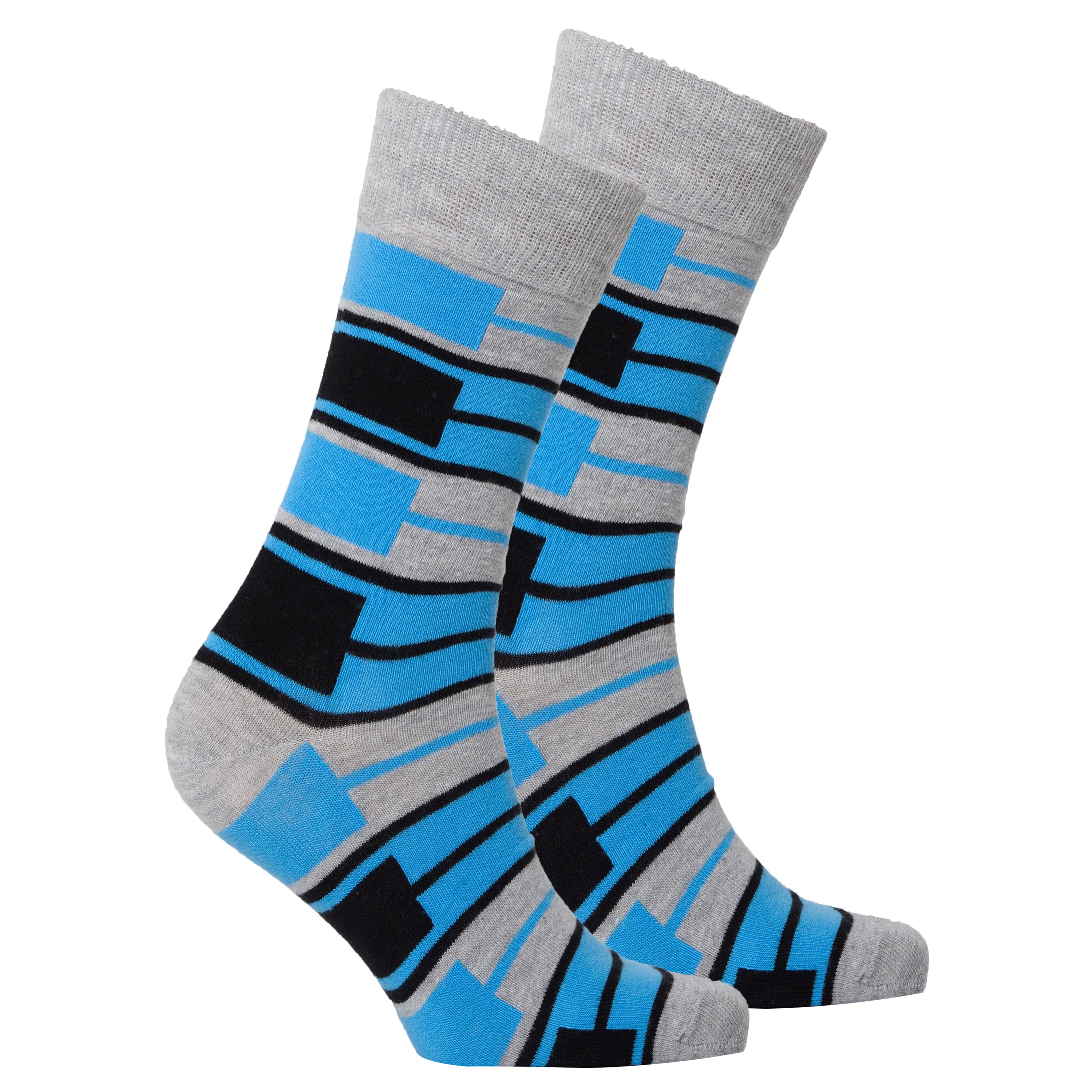 Men's blue patterned socks featuring vibrant designs and soft cotton material, perfect for stylish comfort.