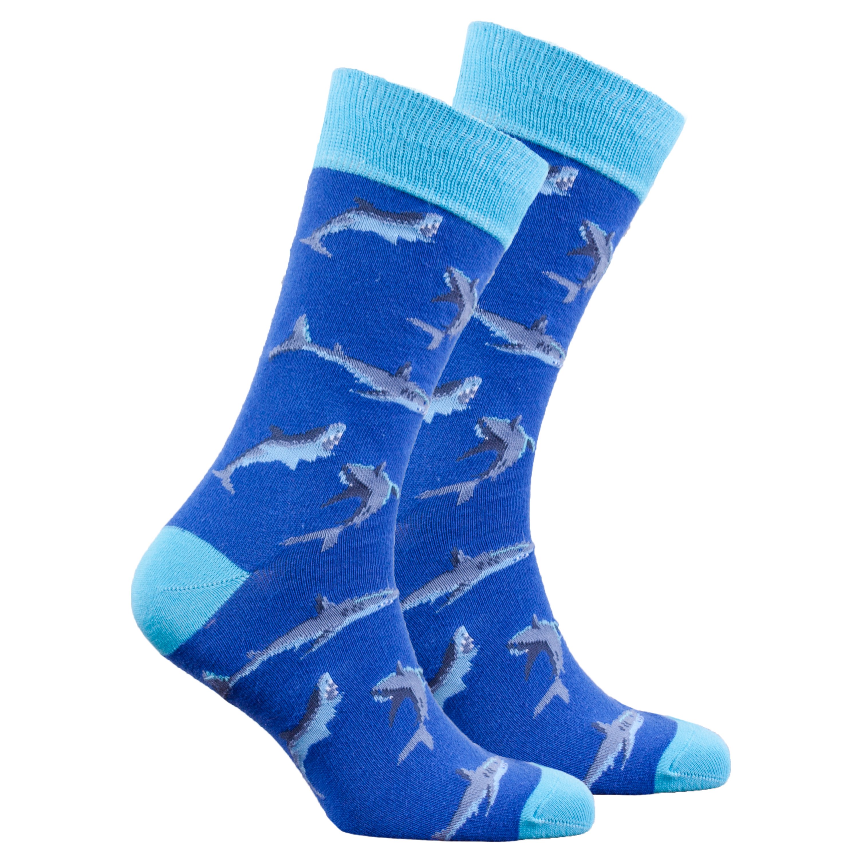 Men's Blue Shark Socks featuring a vibrant shark pattern, made from soft cotton for comfort and style.