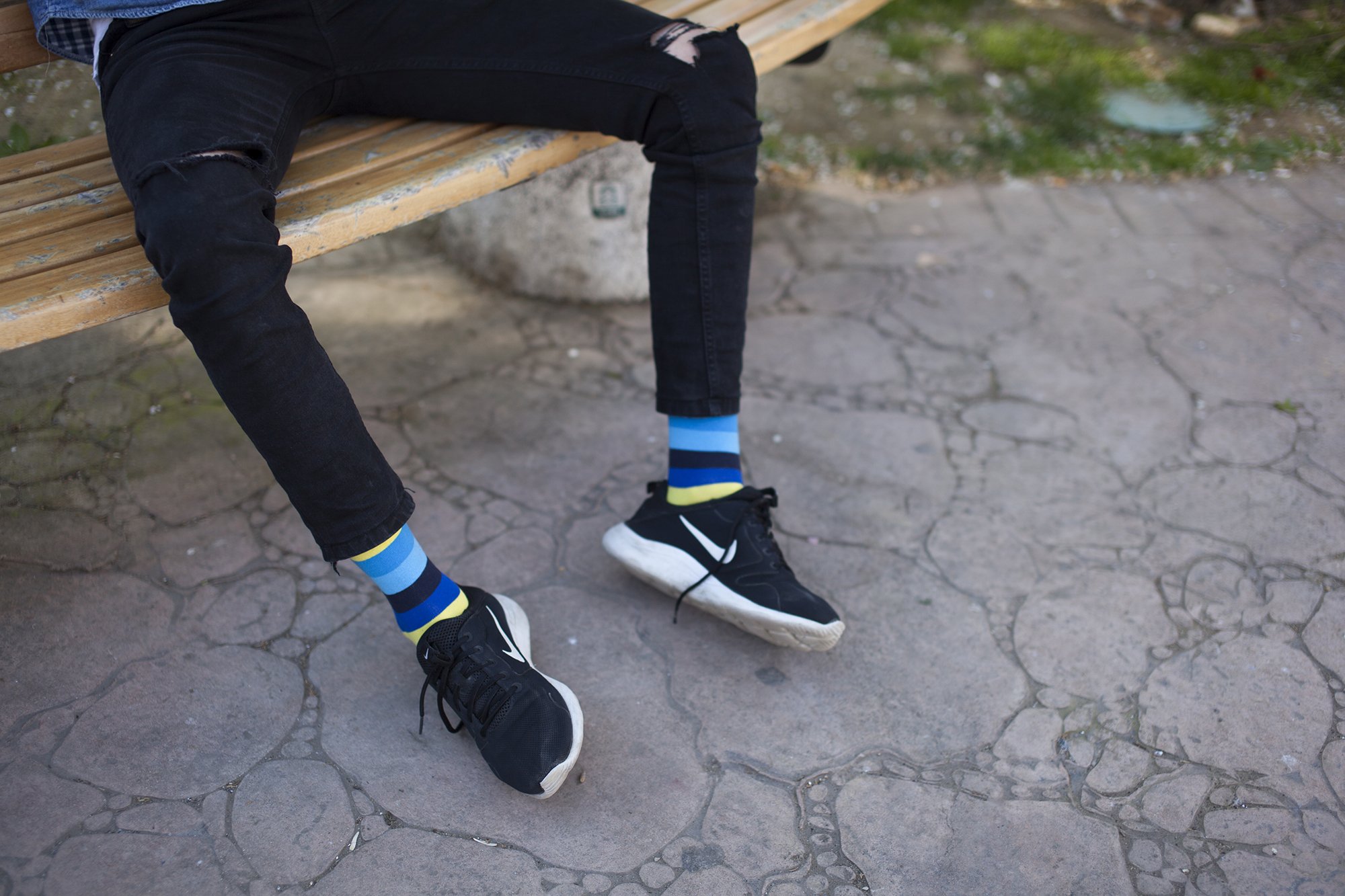 Men's Bluebird Stripe Socks featuring vibrant bluebird stripes and a comfortable fit, perfect for any occasion.