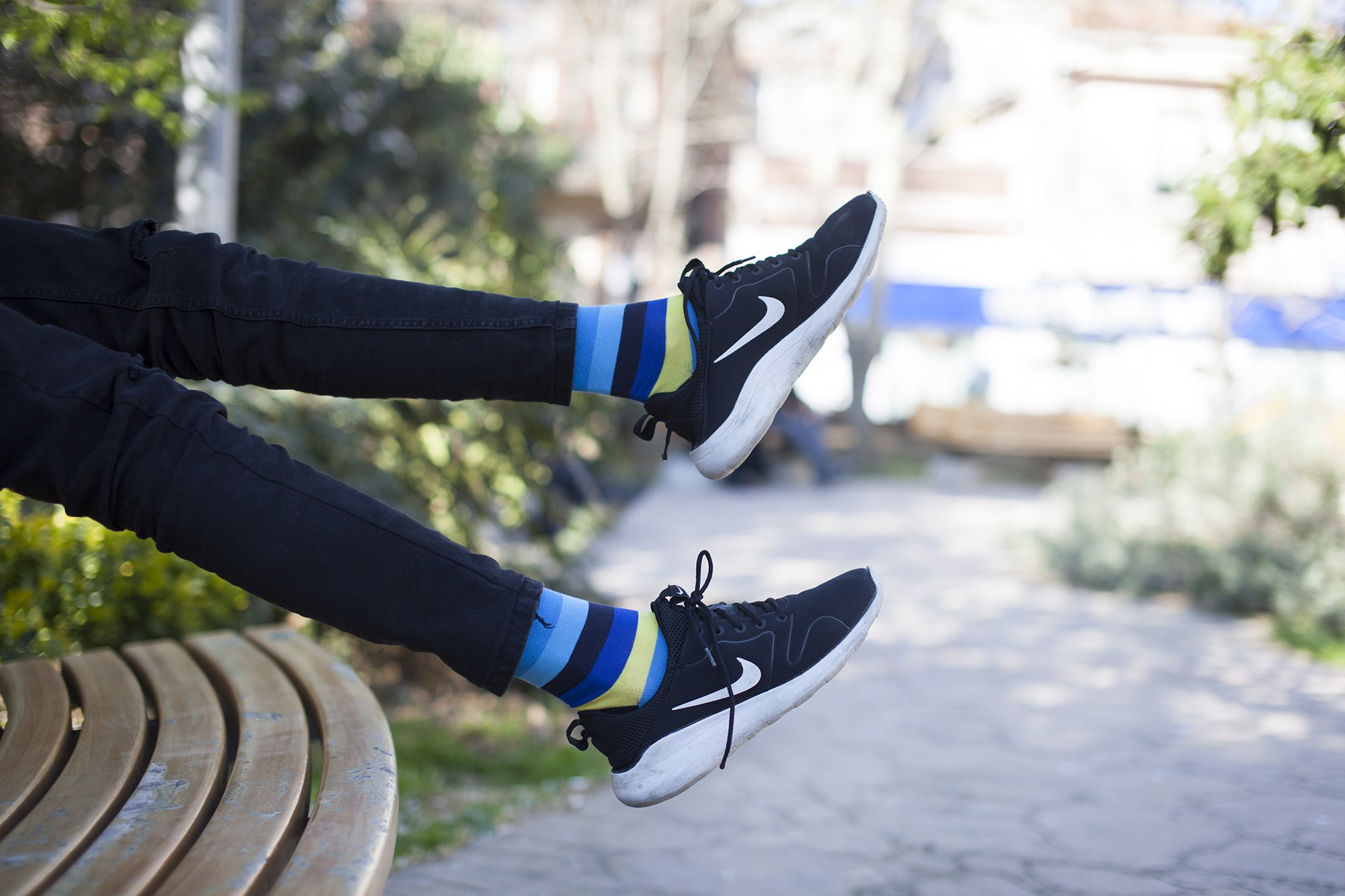 Men's Bluebird Stripe Socks featuring vibrant bluebird stripes and a comfortable fit, perfect for any occasion.