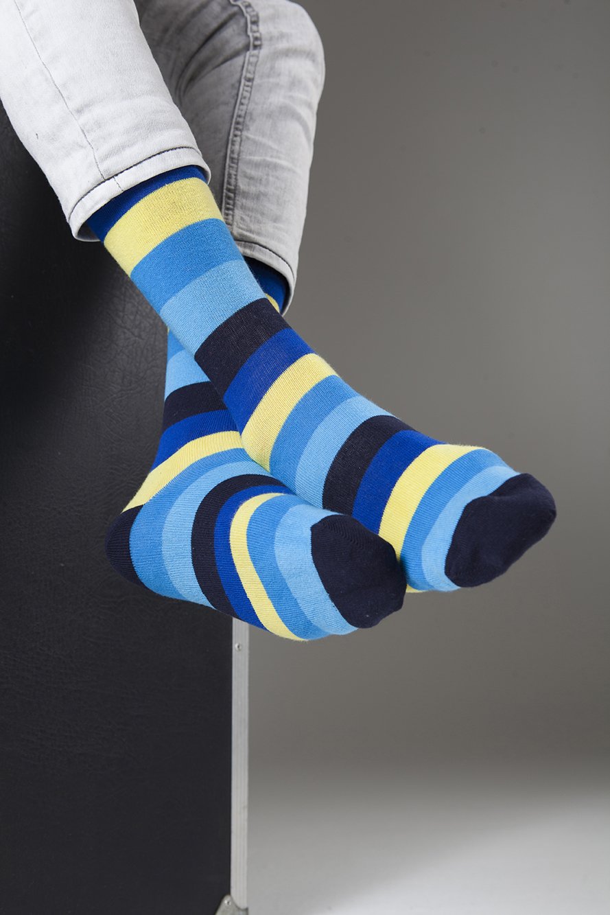 Men's Bluebird Stripe Socks featuring vibrant bluebird stripes and a comfortable fit, perfect for any occasion.