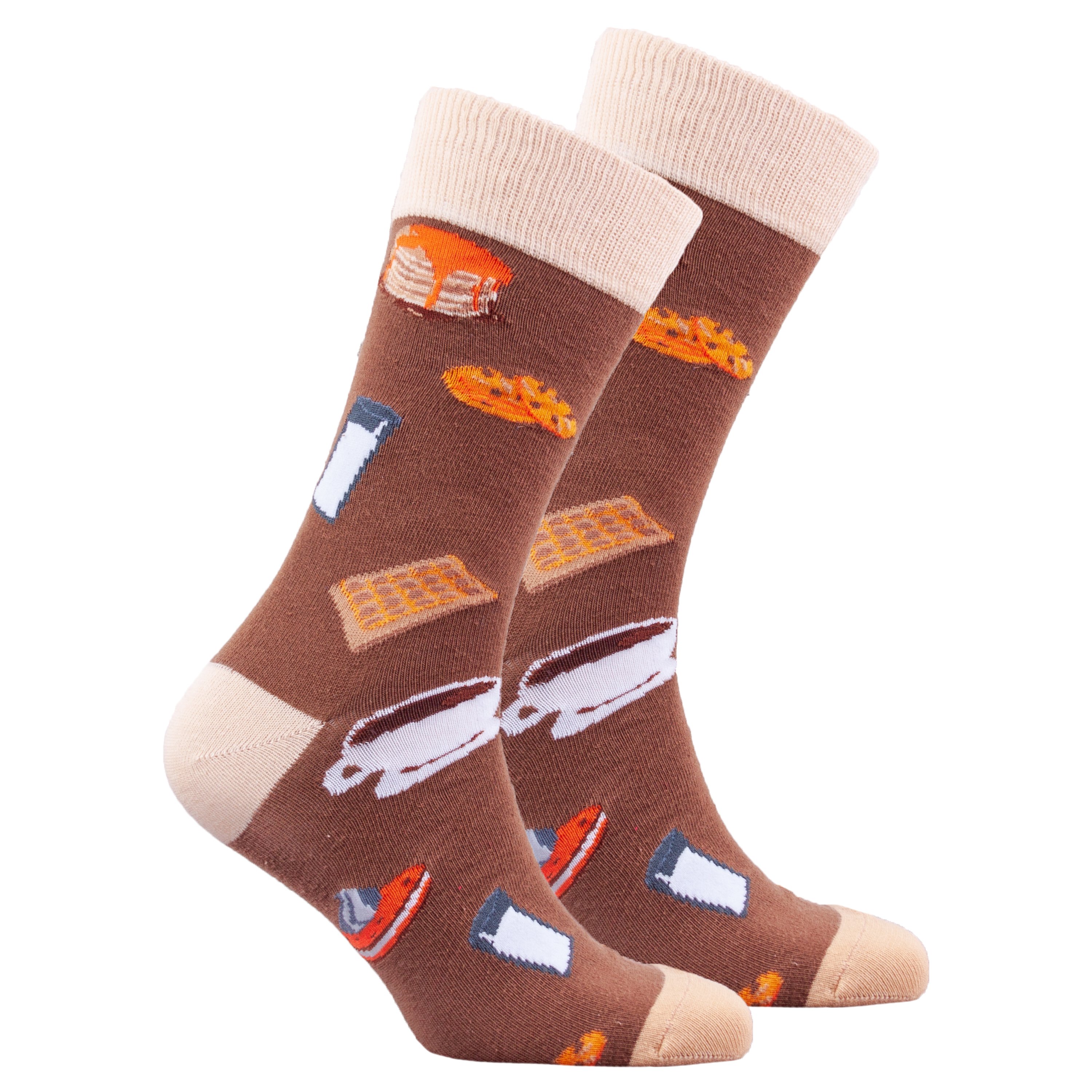 A pair of colorful Men's Breakfast Socks featuring trendy patterns and soft cotton material, perfect for adding style to any outfit.