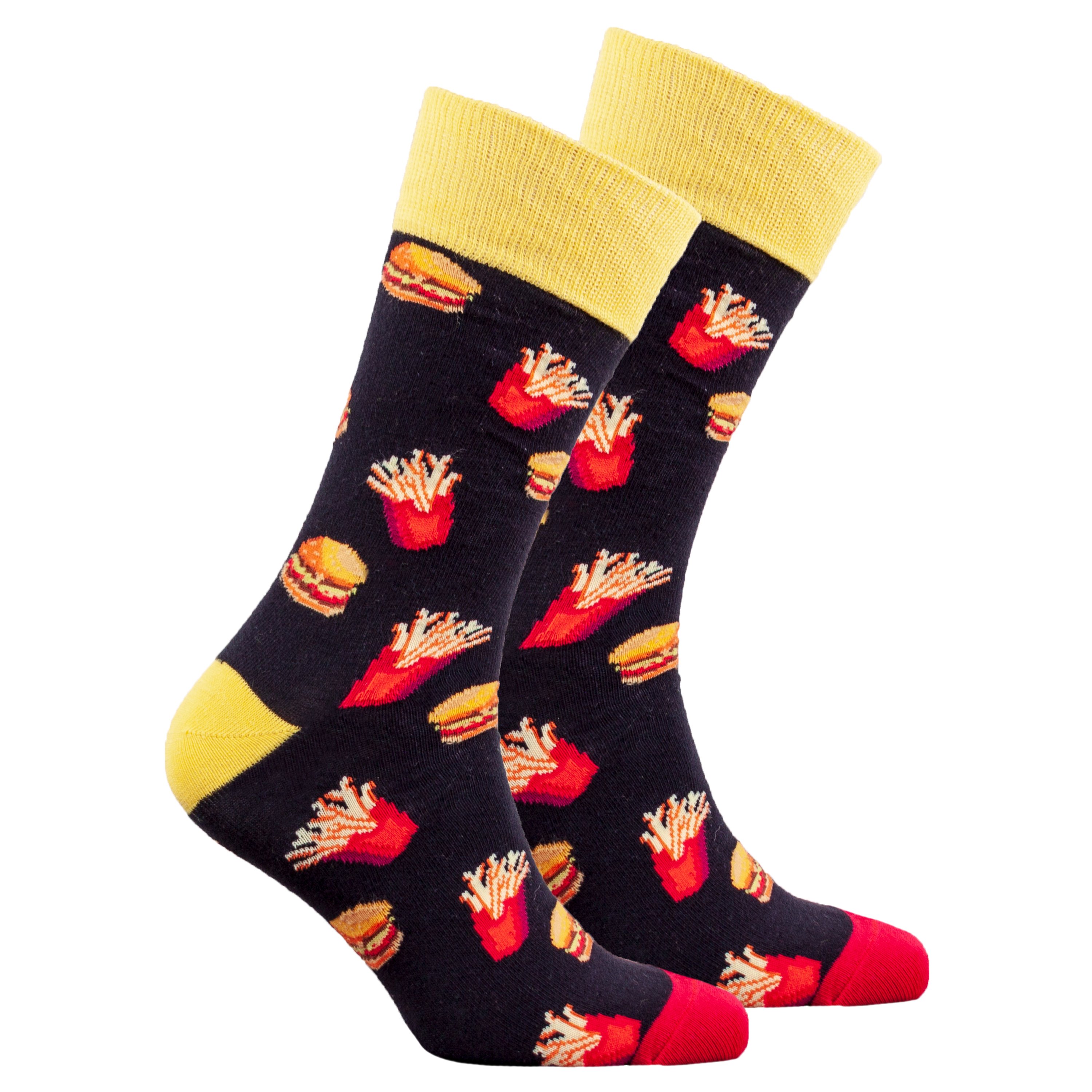 Men's Burger & Fries Socks featuring a colorful design with burgers and fries, made from soft cotton for comfort.