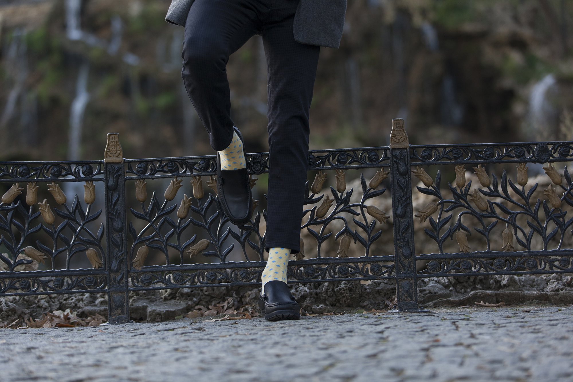 Men's Buttermilk Dot Socks featuring a colorful dot pattern, made from soft Turkish cotton for comfort and style.