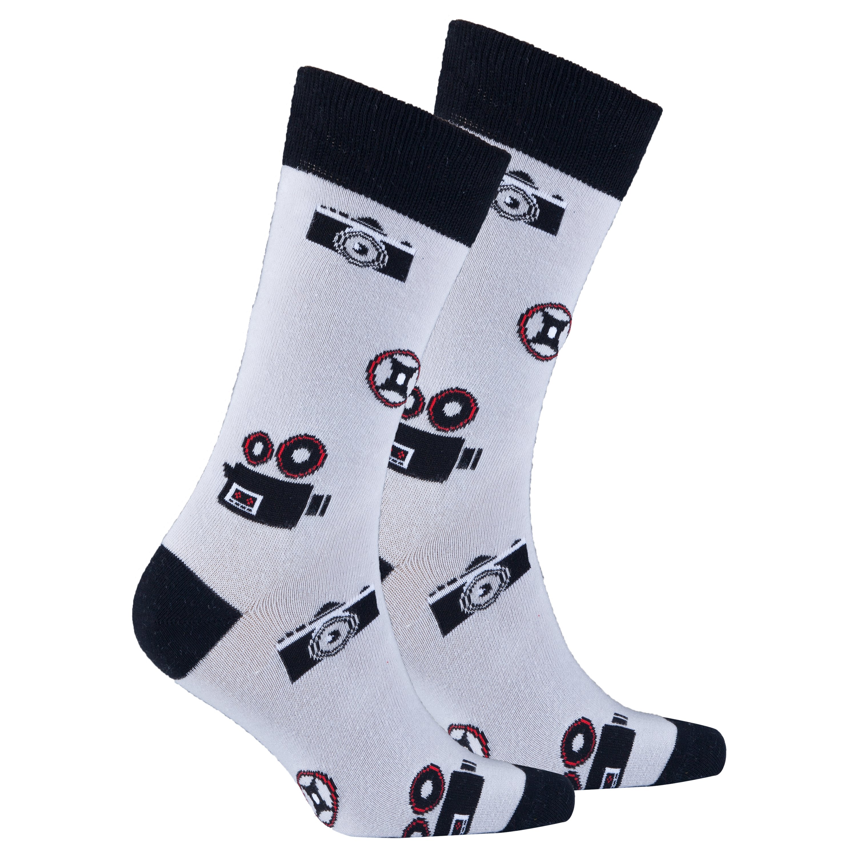 Men's Cameras Socks featuring colorful camera designs, made from soft Turkish cotton for comfort and style.