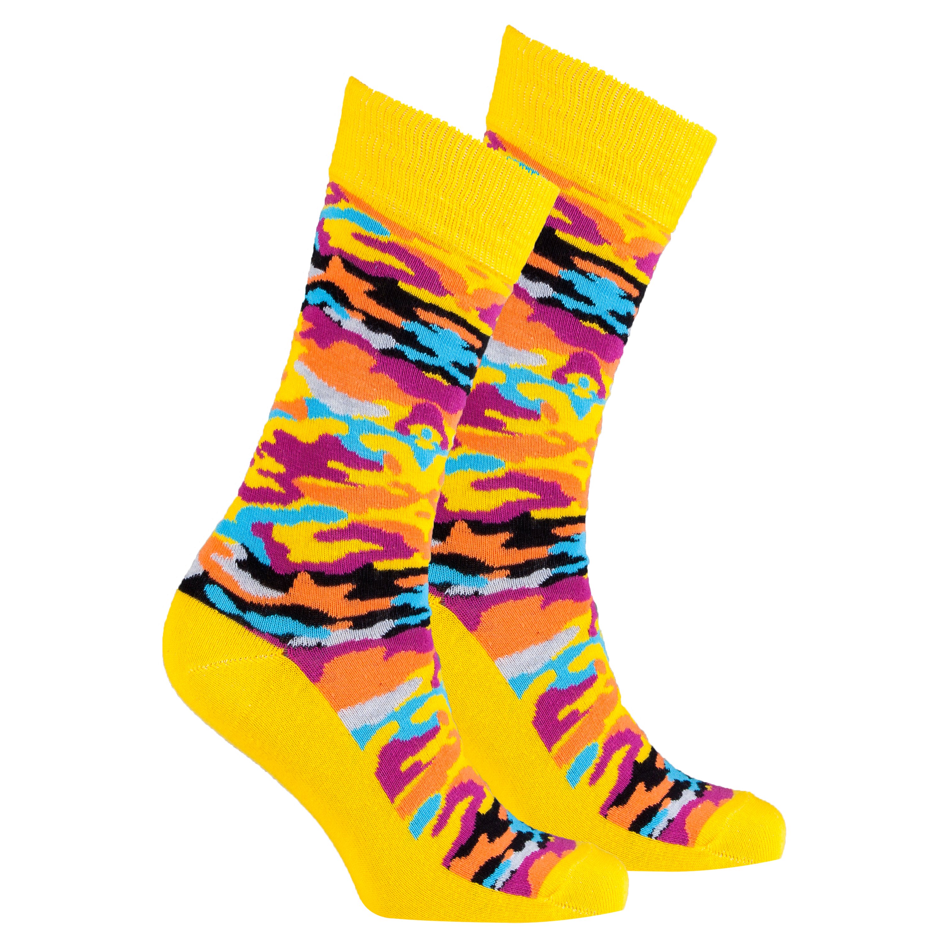 Men's Canary Camo Socks featuring vibrant colors and trendy camo design, perfect for adding style to any outfit.