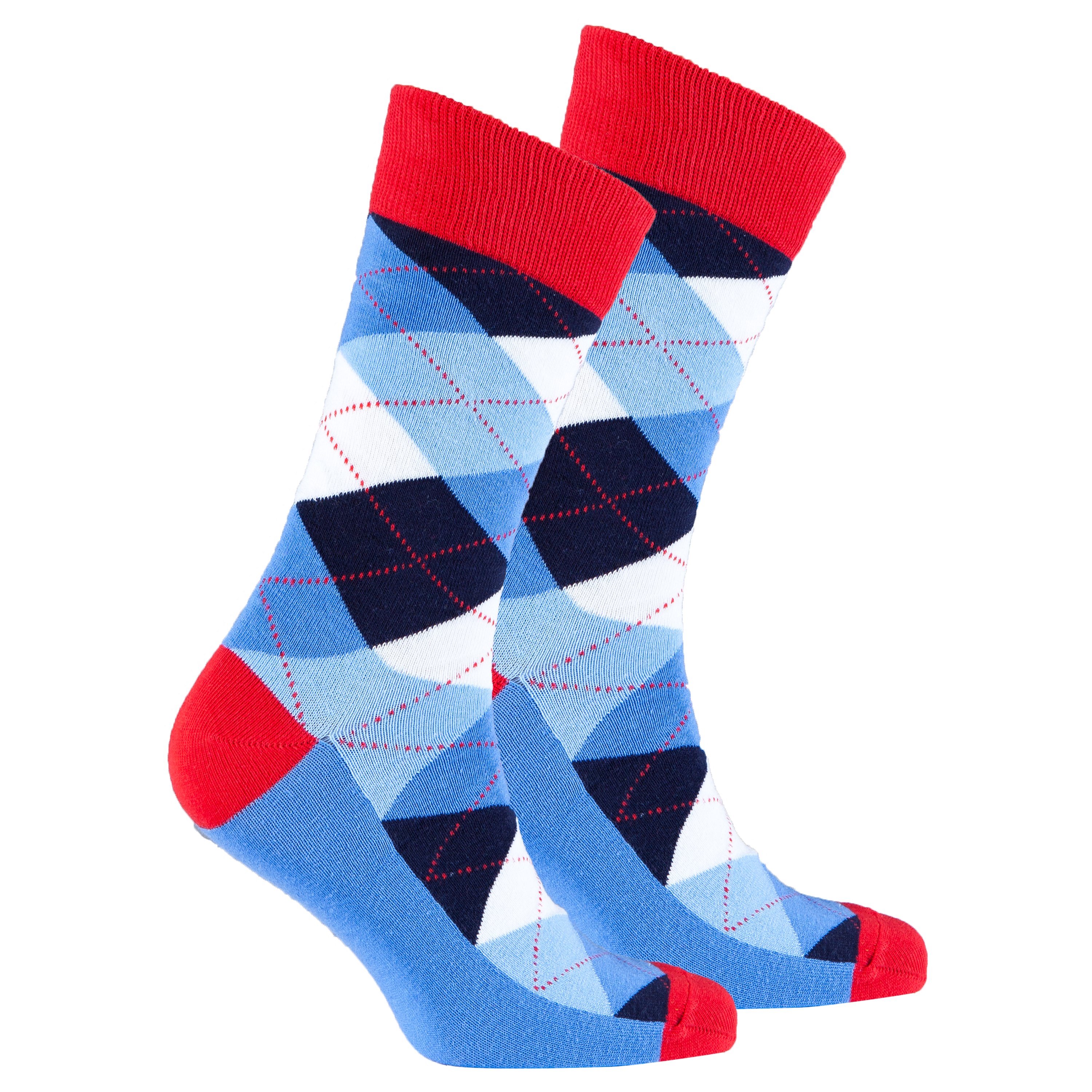 Men's cerulean red argyle socks featuring a vibrant pattern, perfect for adding style to any outfit.