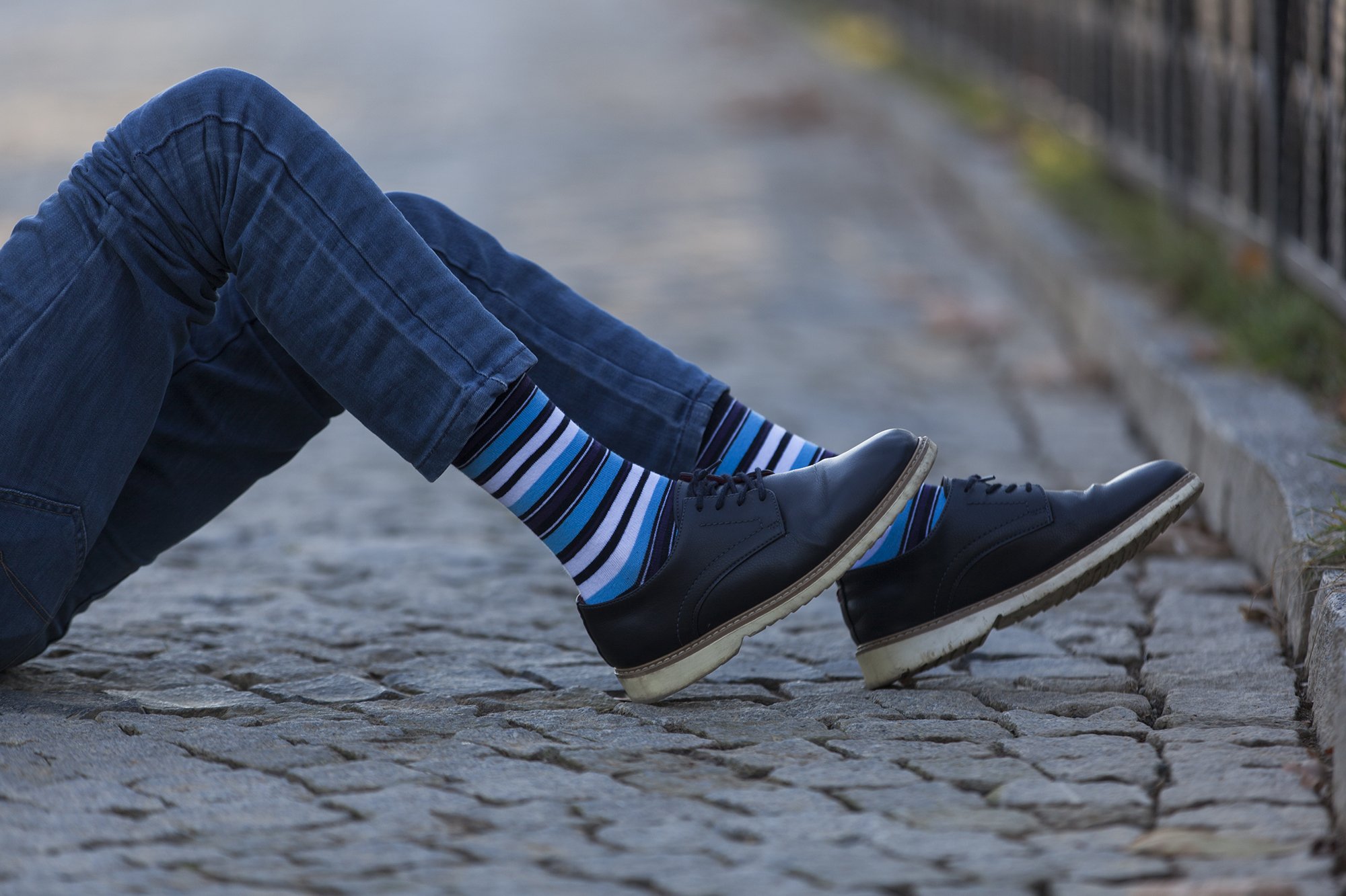 Men's Cerulean Stripe Socks featuring vibrant colors and trendy patterns, perfect for adding style to any outfit.