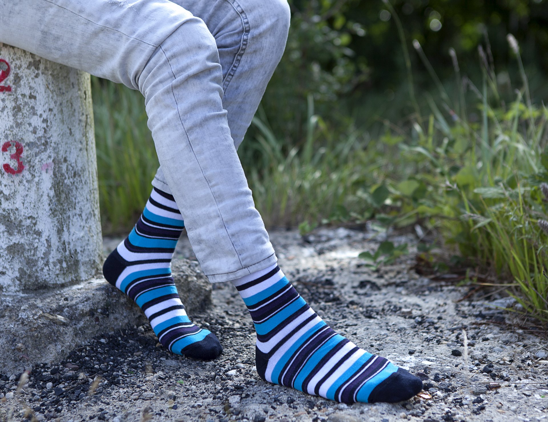 Men's Cerulean Stripe Socks featuring vibrant colors and trendy patterns, perfect for adding style to any outfit.