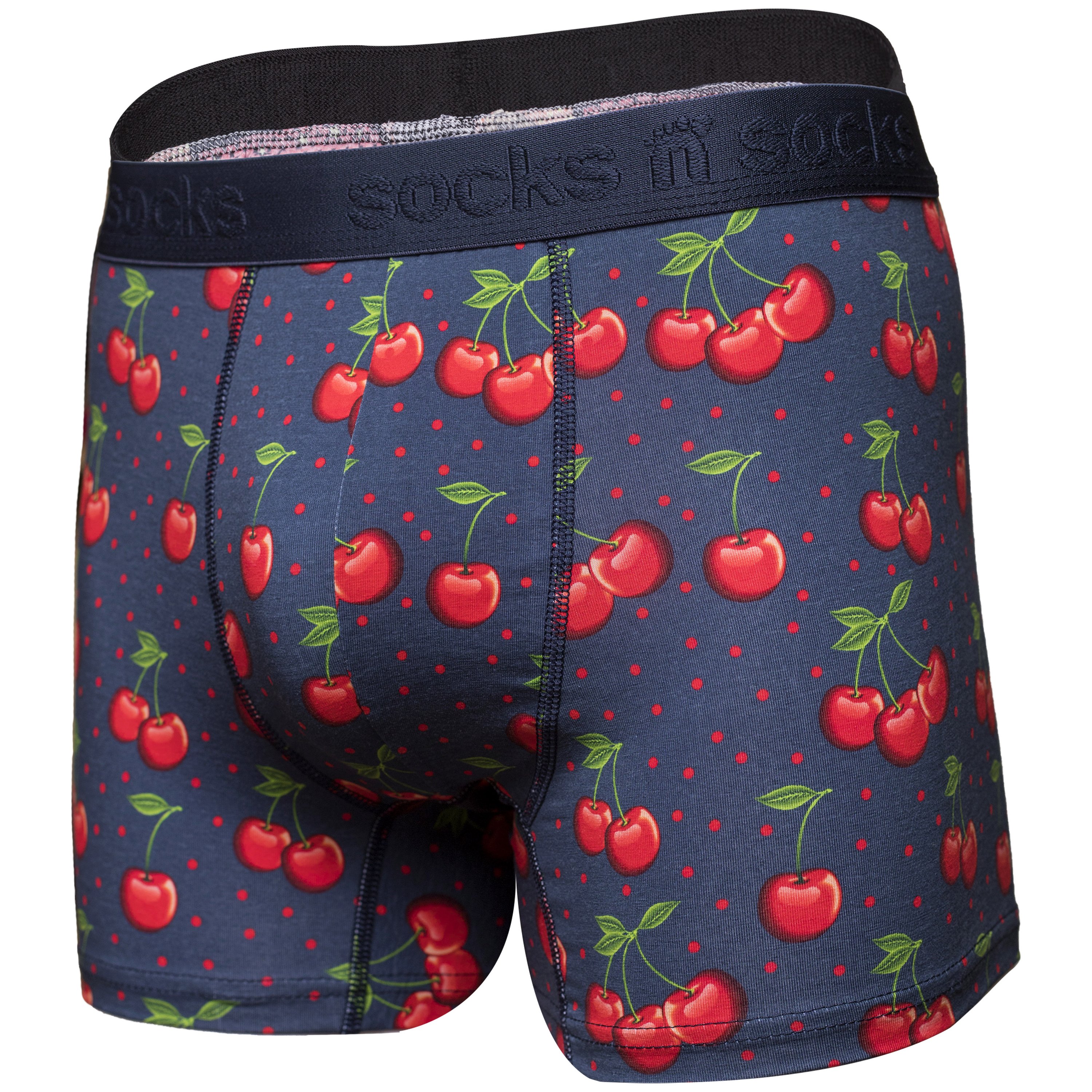 Men's Cherry Boxer Briefs featuring a vibrant cherry design, made from soft Viscose and Spandex for ultimate comfort.