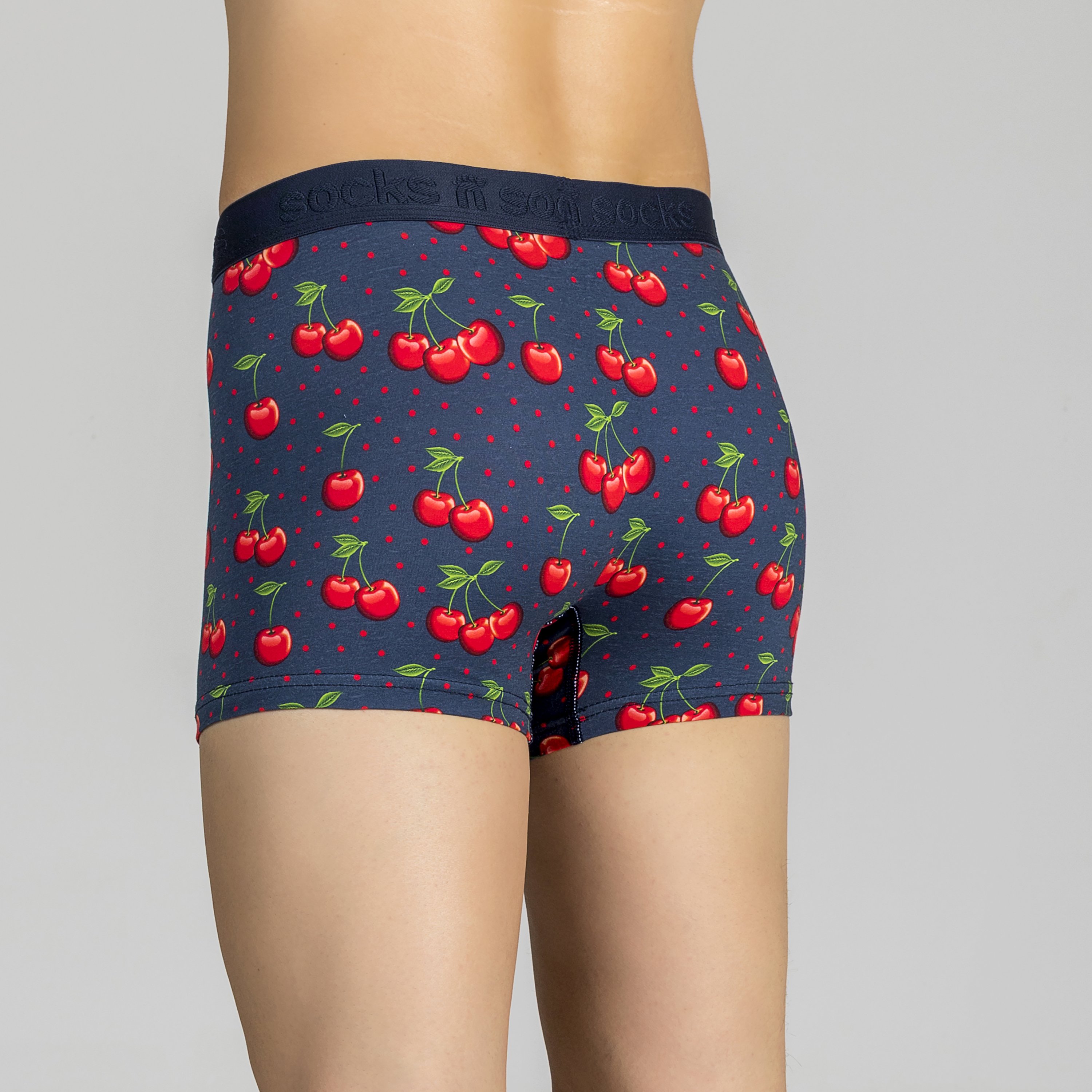 Men's Cherry Boxer Briefs featuring a vibrant cherry design, made from soft Viscose and Spandex for ultimate comfort.