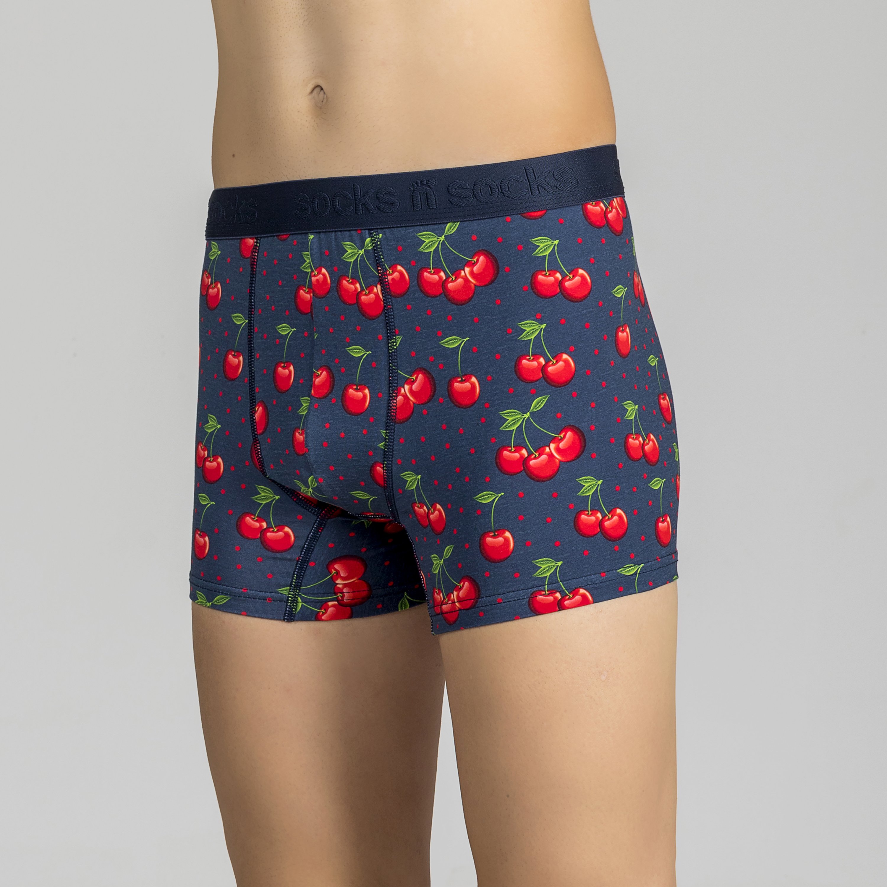 Men's Cherry Boxer Briefs featuring a vibrant cherry design, made from soft Viscose and Spandex for ultimate comfort.