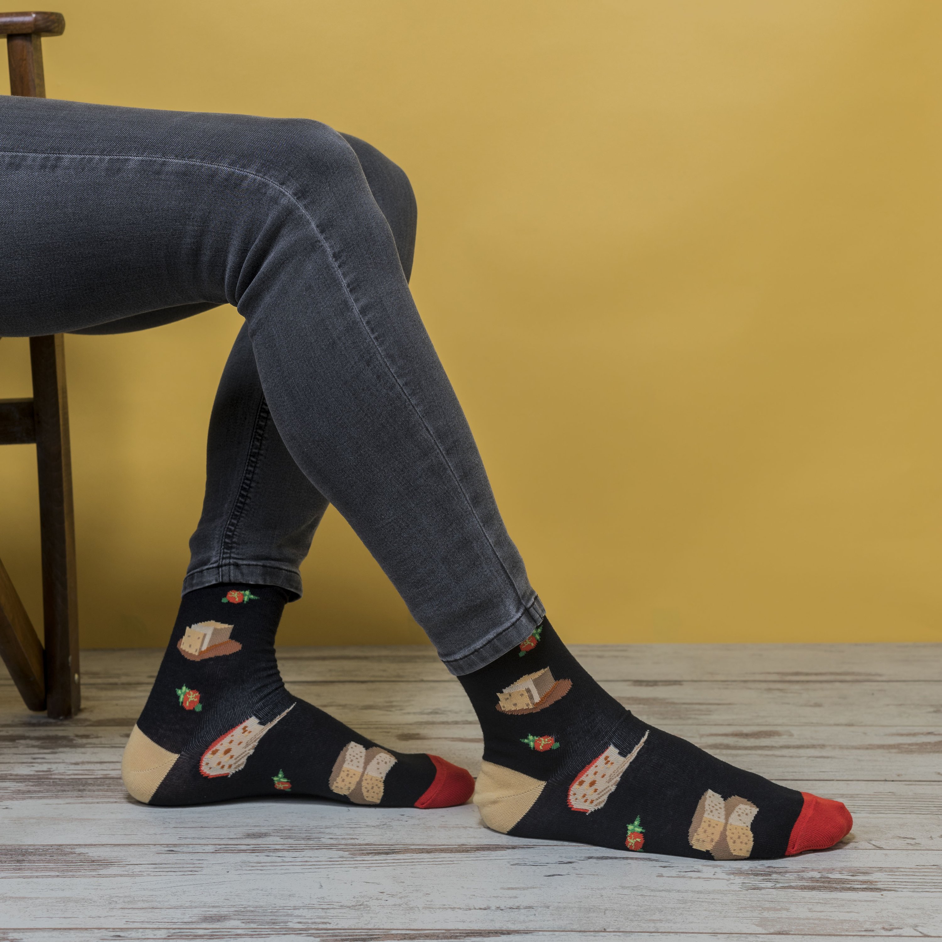 Men's Cheese Socks featuring colorful designs and soft cotton material, perfect for adding a fun touch to any outfit.