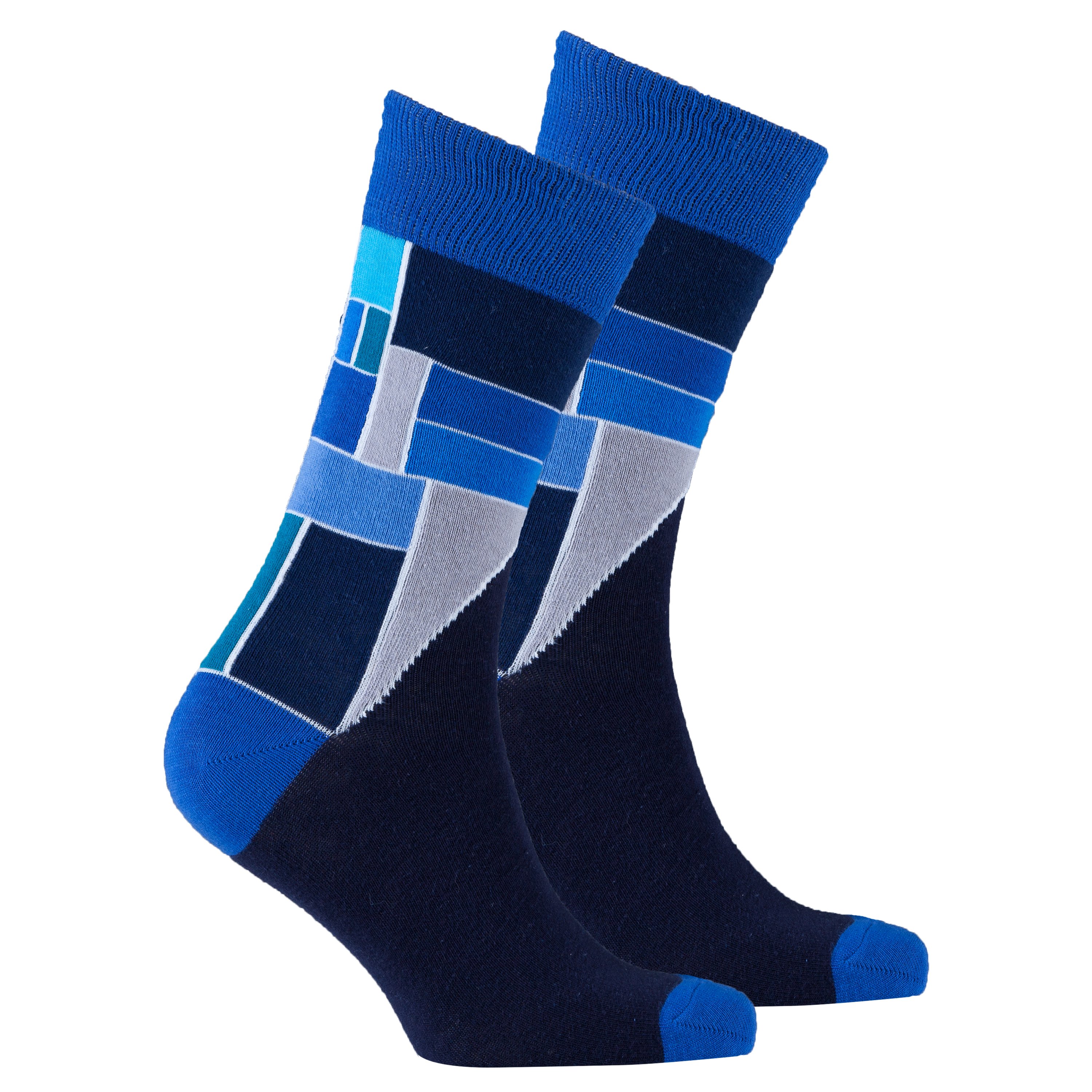 Men's Cobalt Cube Socks featuring a vibrant blue and cube pattern, made from soft Turkish cotton for comfort and style.