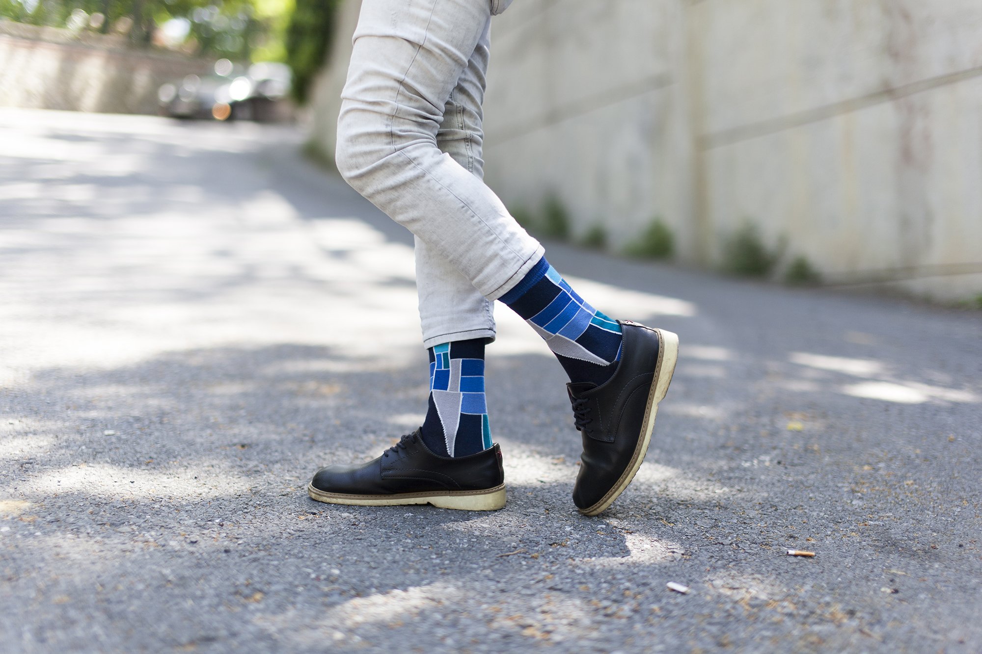 Men's Cobalt Cube Socks featuring a vibrant blue and cube pattern, made from soft Turkish cotton for comfort and style.