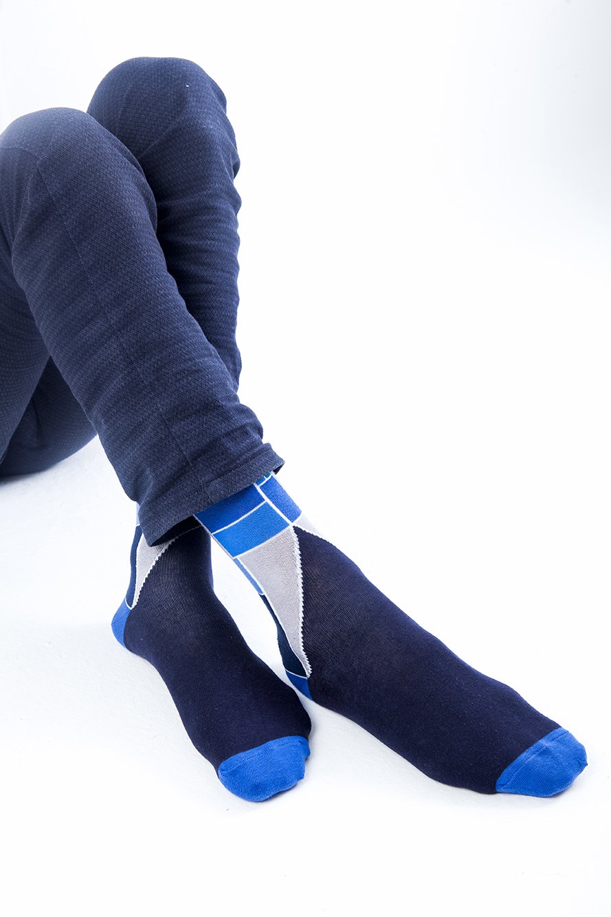 Men's Cobalt Cube Socks featuring a vibrant blue and cube pattern, made from soft Turkish cotton for comfort and style.