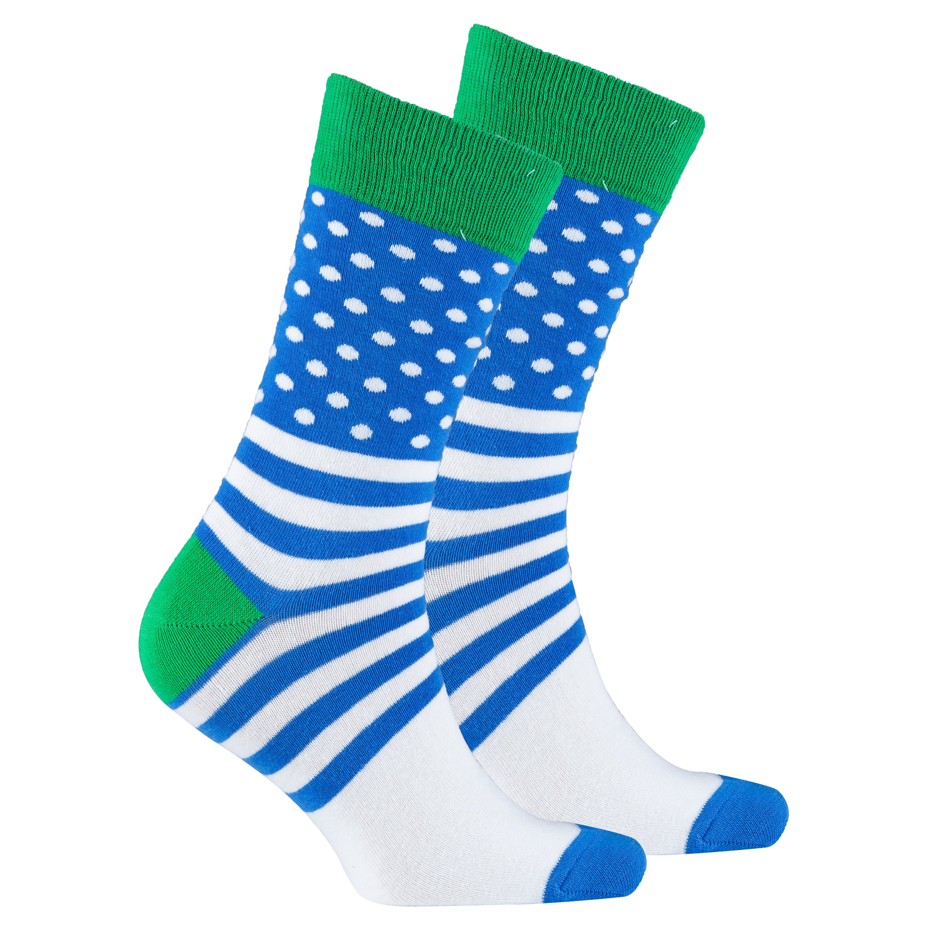 Men's Cobalt Dot Stripe Socks featuring a vibrant design with cobalt blue dots and stripes, made from soft Turkish cotton.