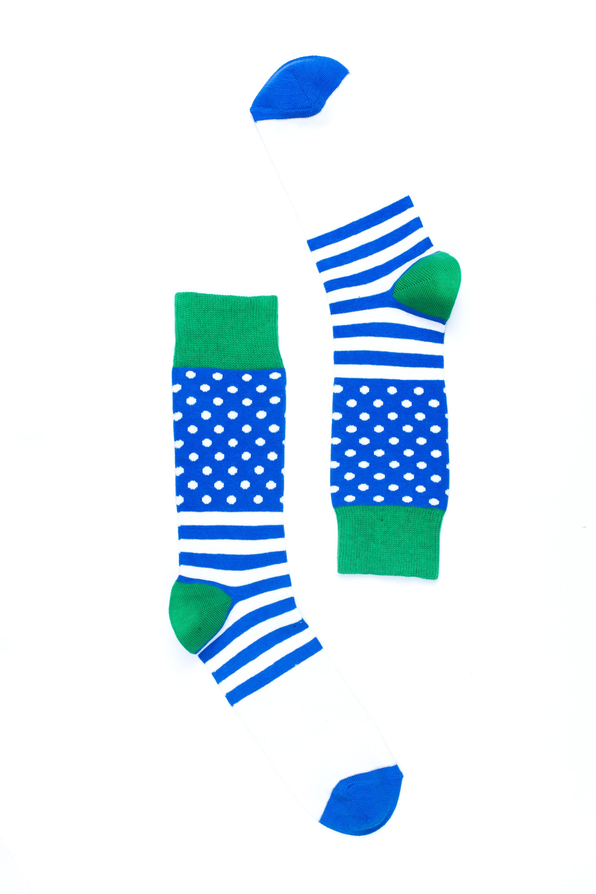 Men's Cobalt Dot Stripe Socks featuring a vibrant design with cobalt blue dots and stripes, made from soft Turkish cotton.