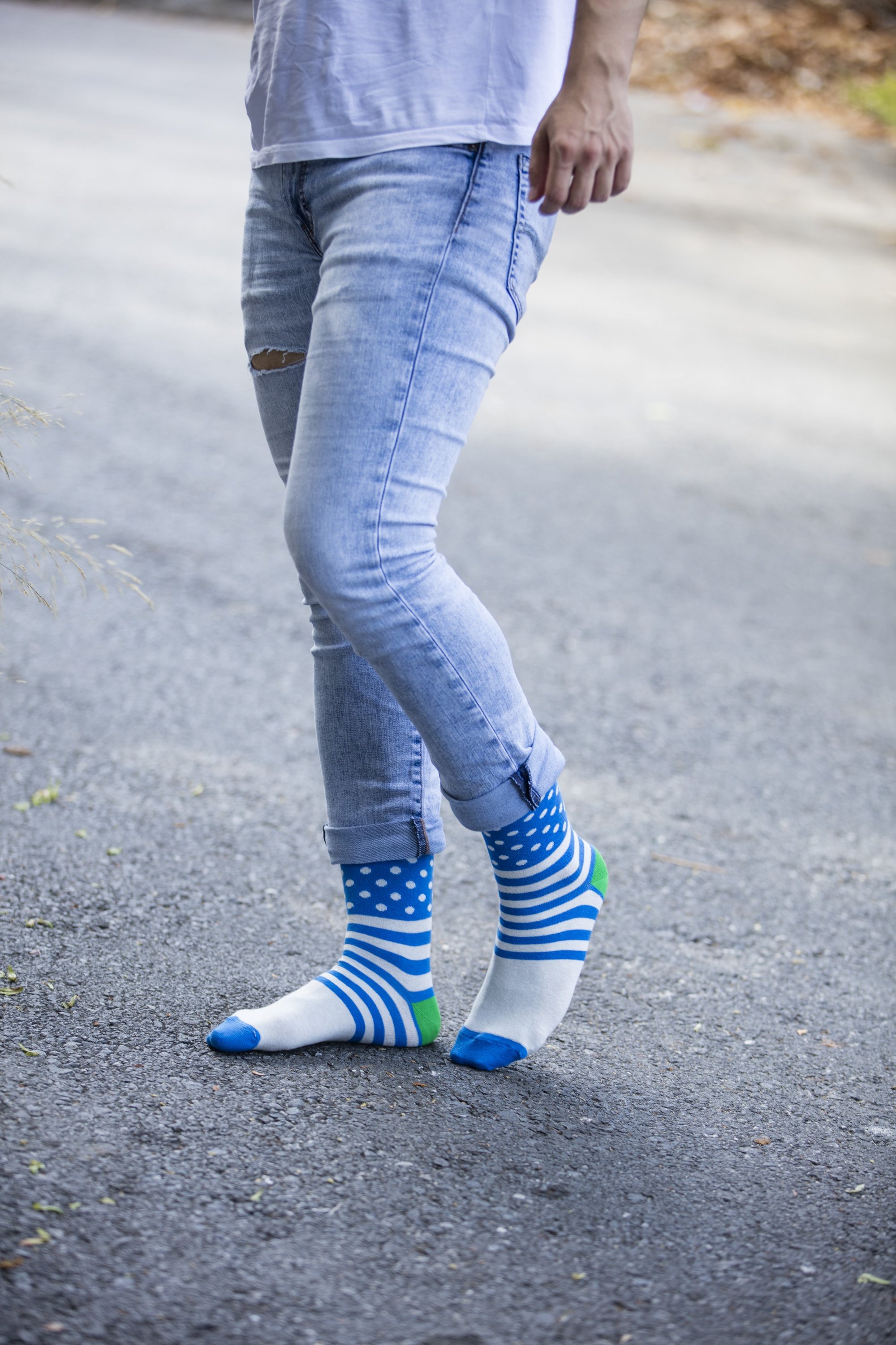 Men's Cobalt Dot Stripe Socks featuring a vibrant design with cobalt blue dots and stripes, made from soft Turkish cotton.