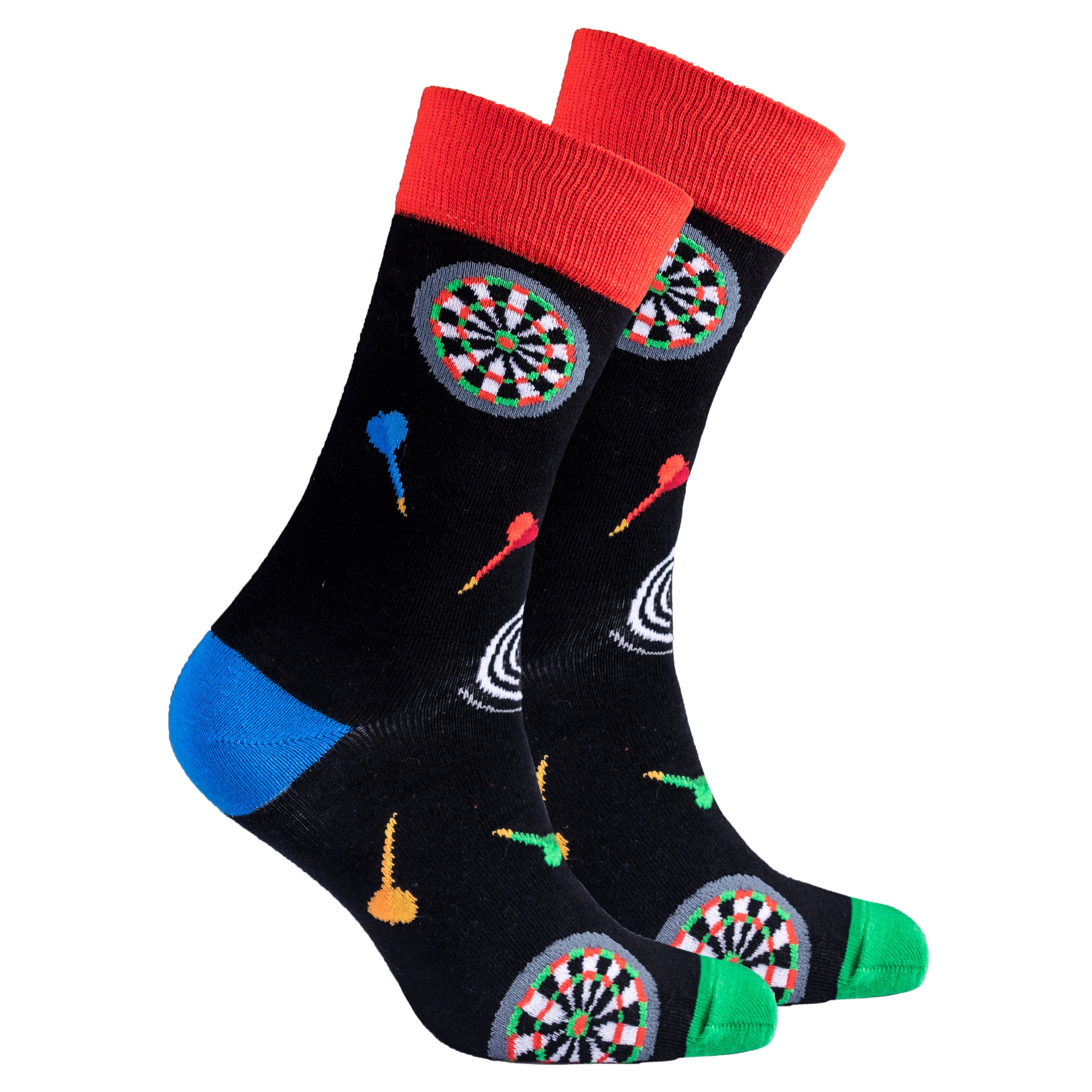 Men's Dart Socks featuring colorful designs and patterns, made from soft Turkish cotton for comfort.