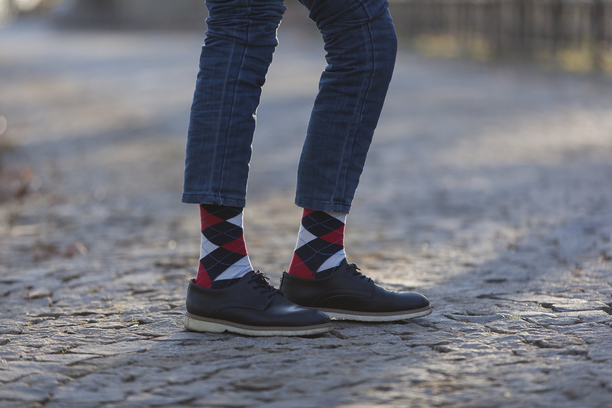 Men's Denim Argyle Socks featuring vibrant colors and trendy patterns, made from soft Turkish cotton for comfort.