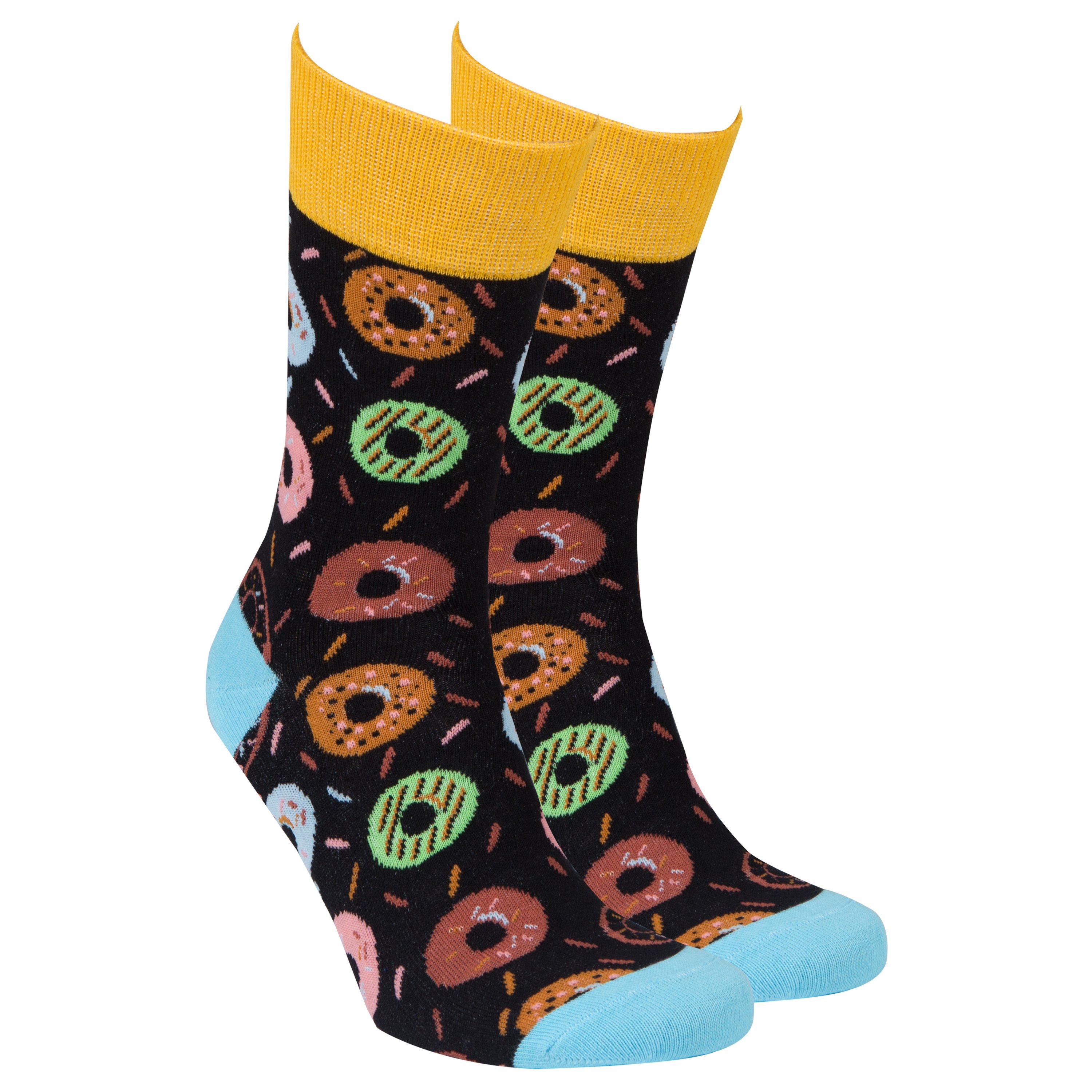 A pair of colorful men's socks featuring a playful donut pattern, made from soft combed cotton.