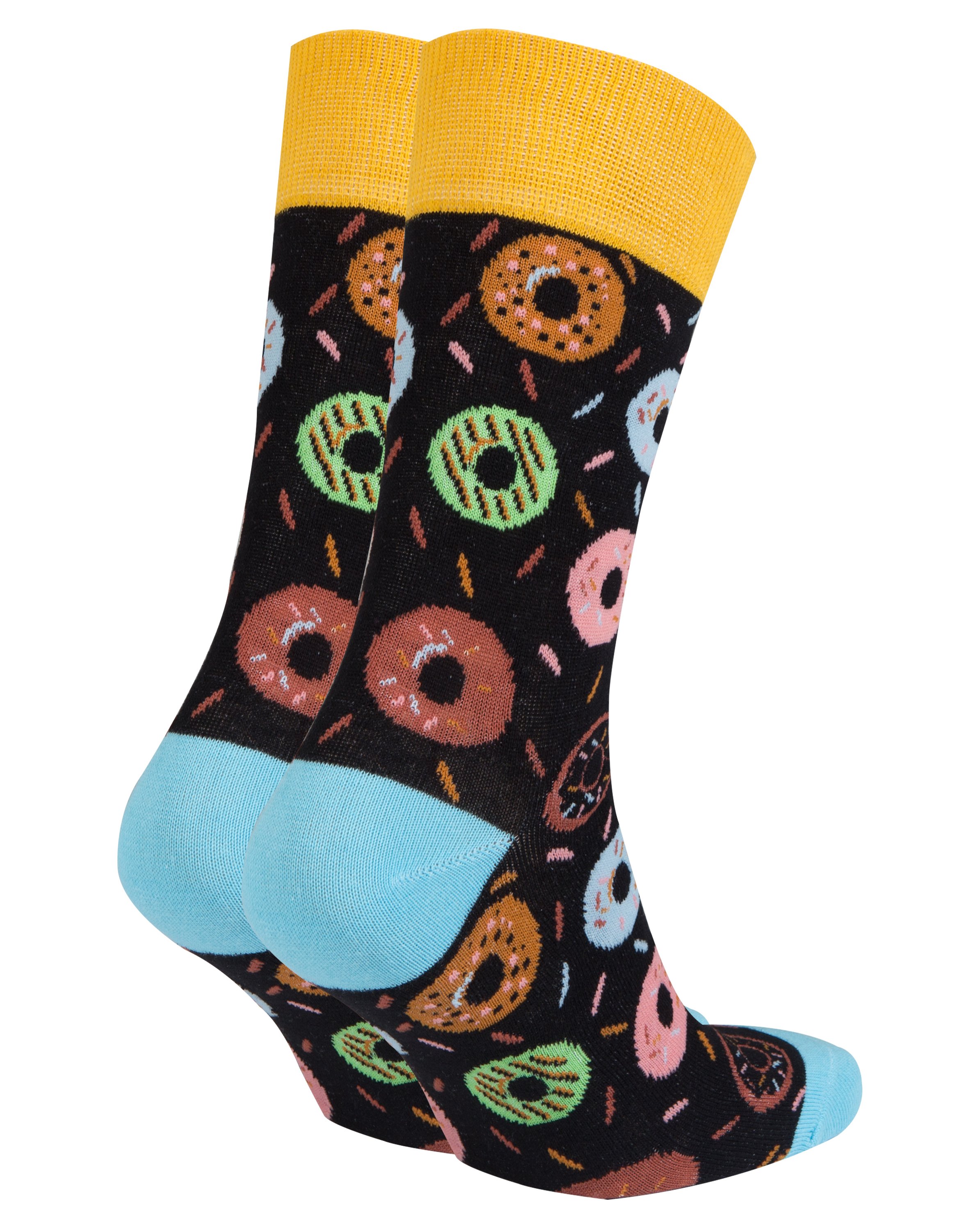 A pair of colorful men's socks featuring a playful donut pattern, made from soft combed cotton.