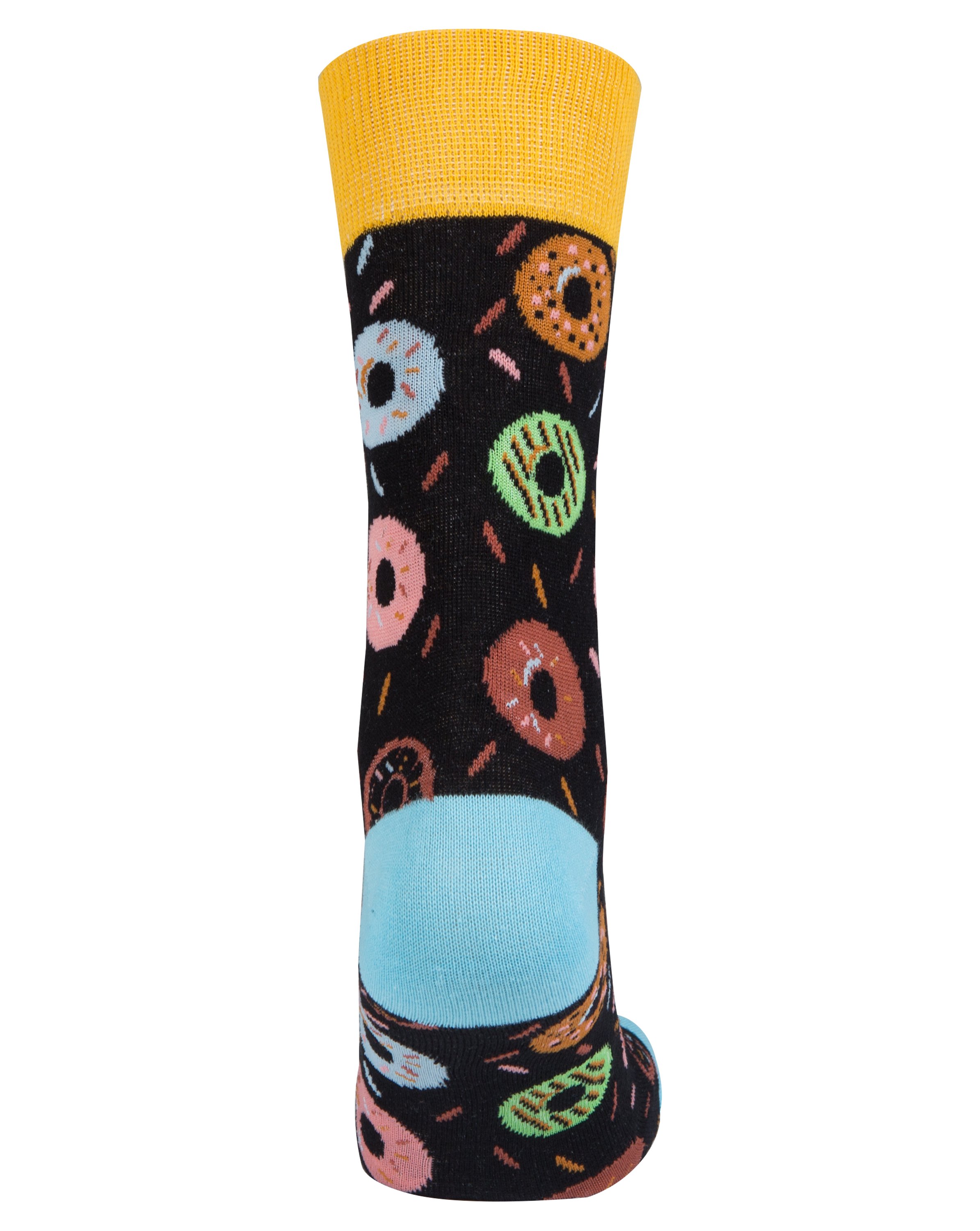 A pair of colorful men's socks featuring a playful donut pattern, made from soft combed cotton.