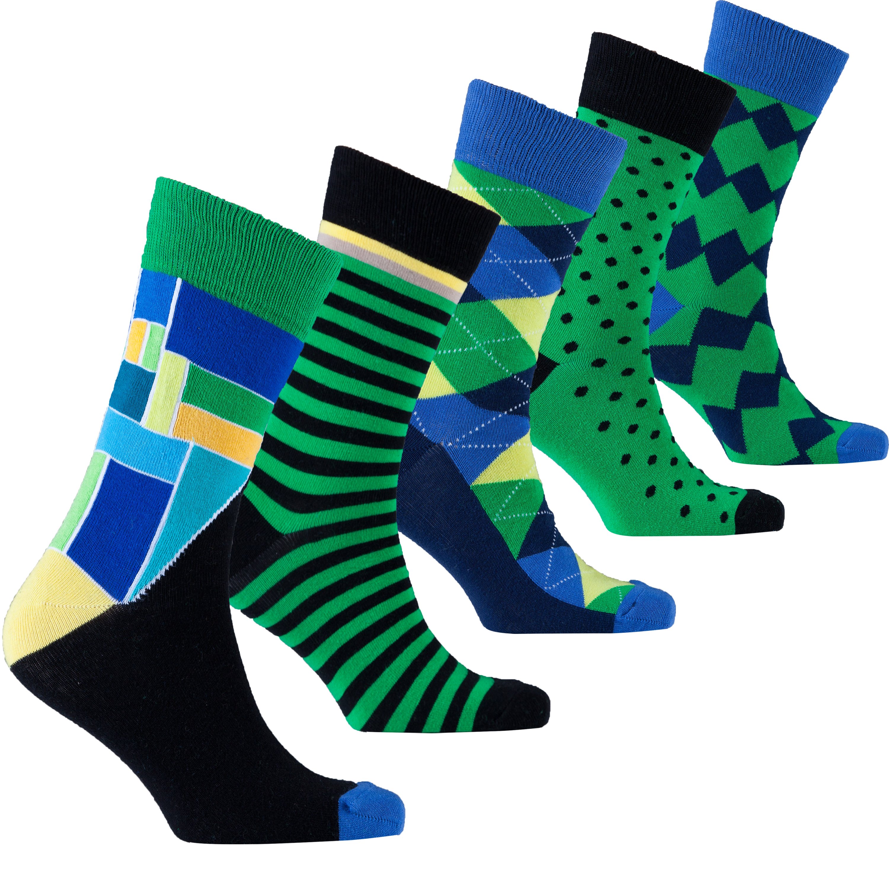 Colorful patterned socks in a row.