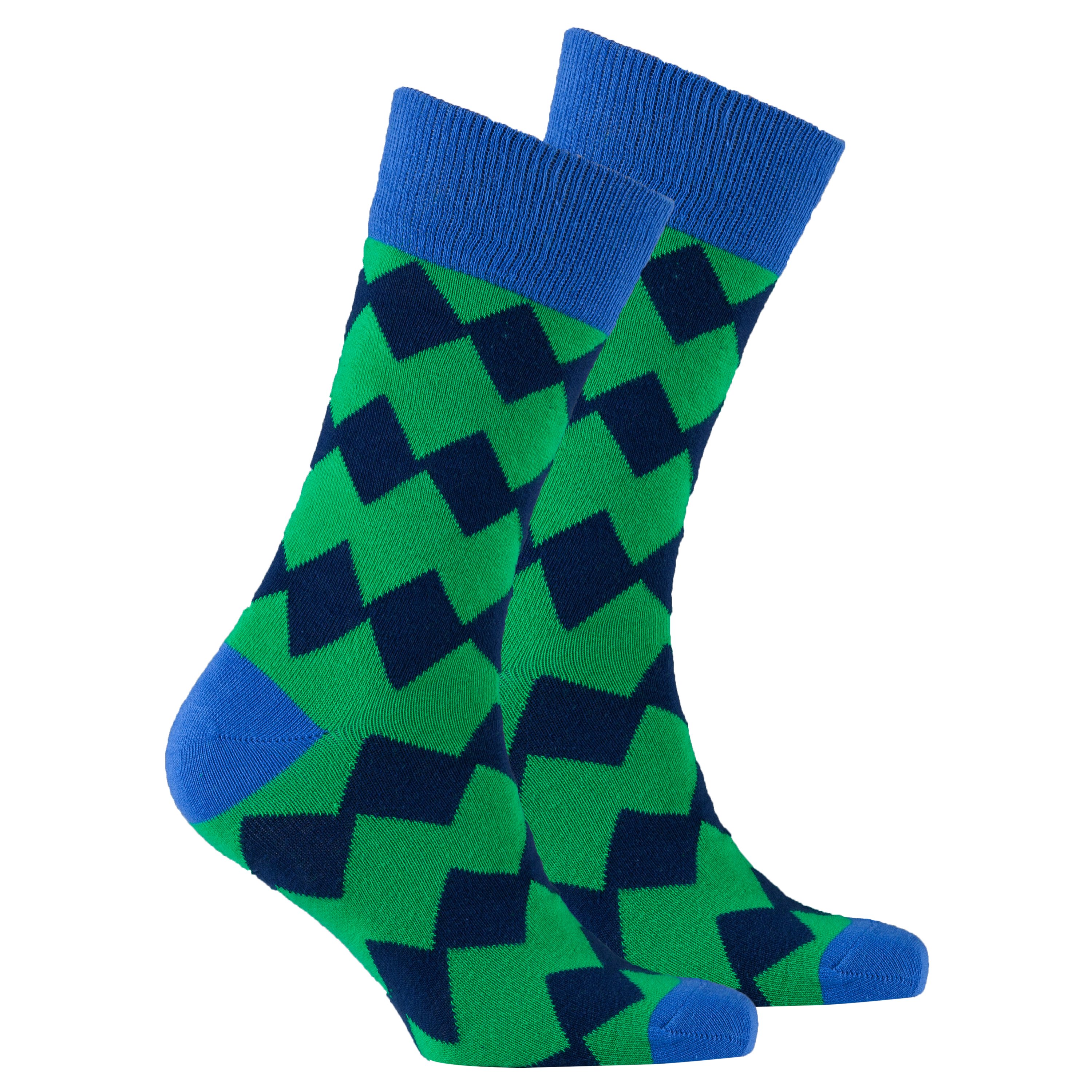 Men's Emerald Zig Zag Socks featuring a vibrant zig-zag pattern in emerald green, made from soft Turkish cotton for comfort.