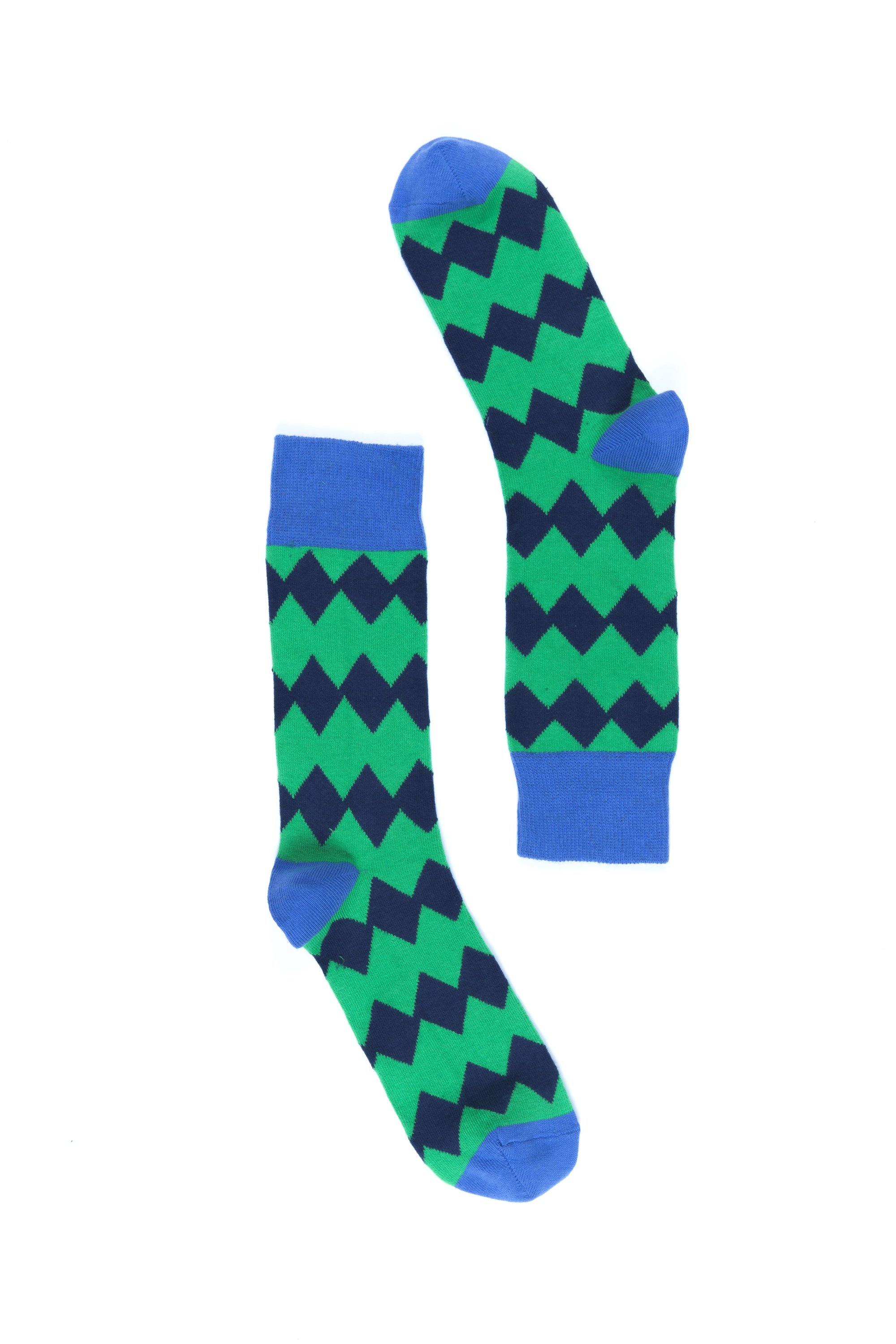 Men's Emerald Zig Zag Socks featuring a vibrant zig-zag pattern in emerald green, made from soft Turkish cotton for comfort.