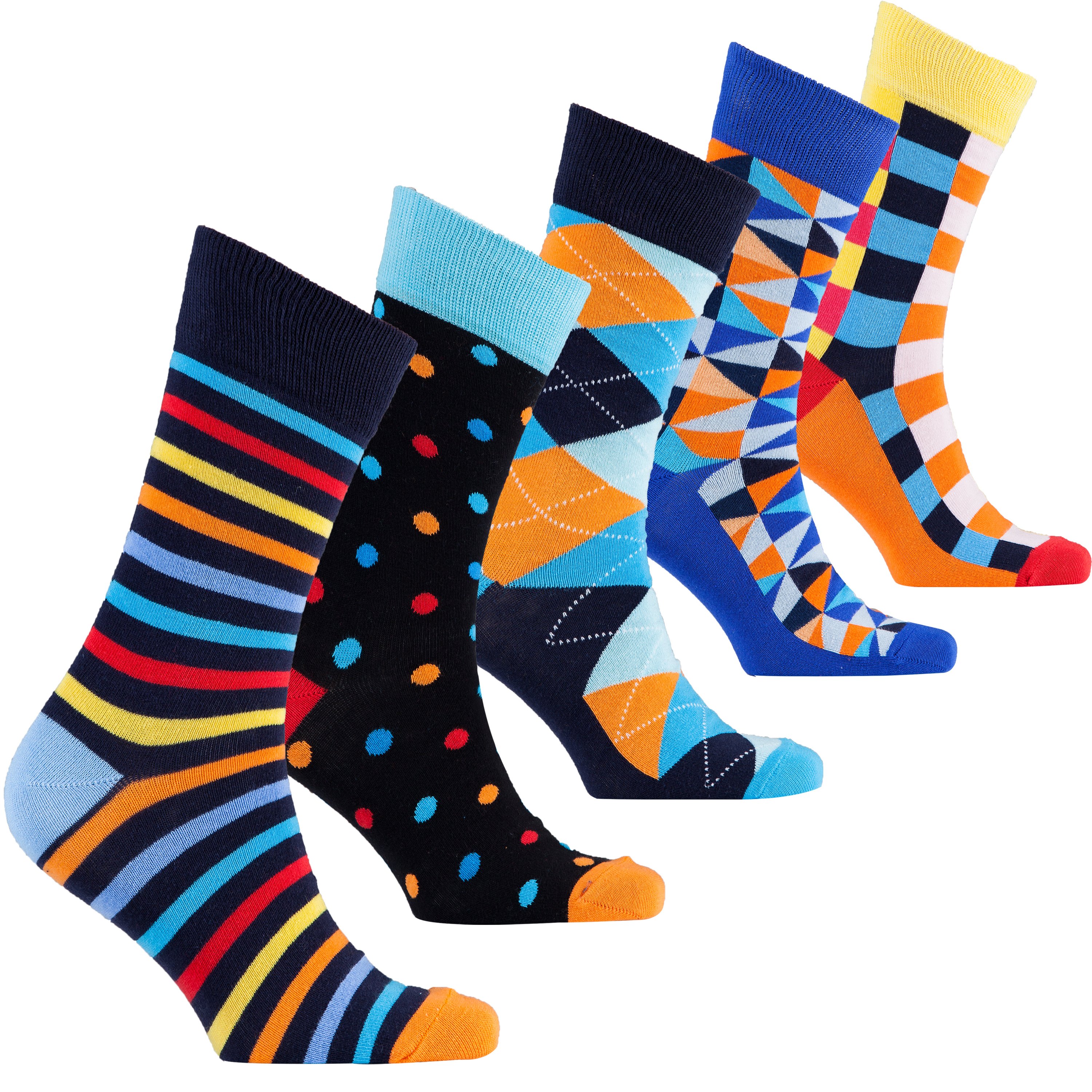 A collection of colorful men's dress socks featuring trendy patterns and designs, perfect for adding style to any outfit.