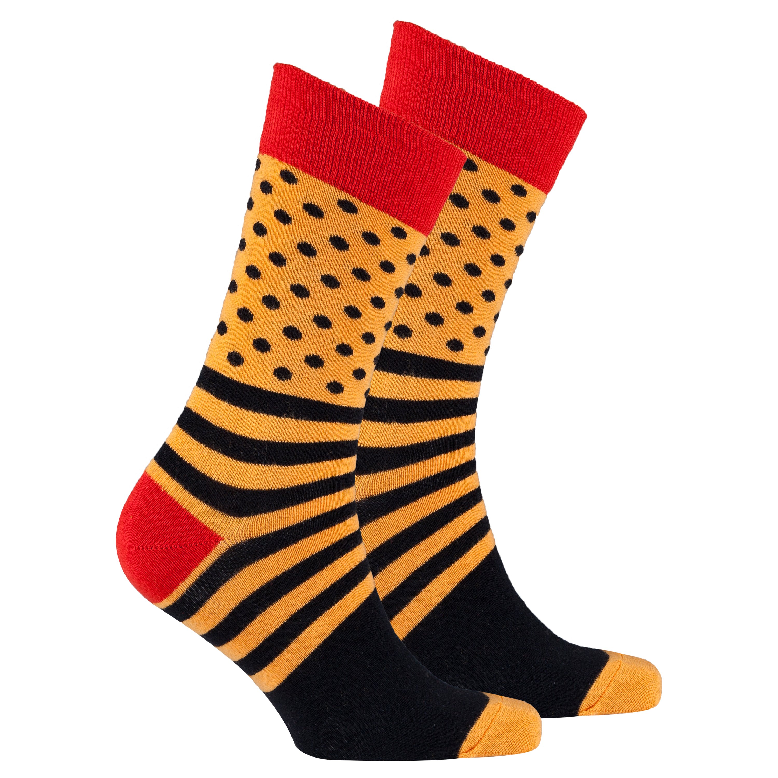 Men's Flame Dot Stripe Socks featuring colorful patterns and premium cotton material, perfect for stylish comfort.