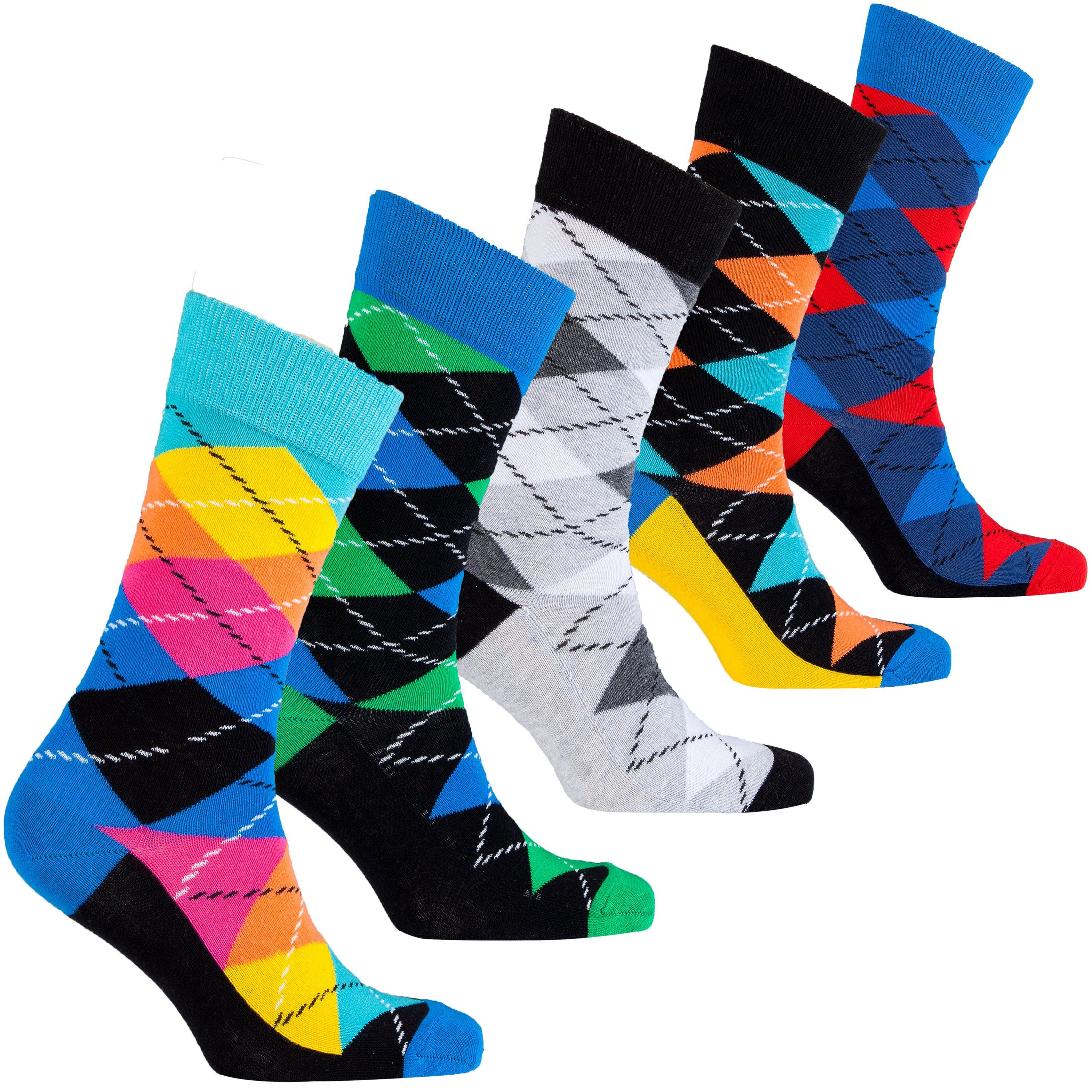 Men's Funky Argyle Socks featuring vibrant colors and trendy patterns, perfect for adding style to any outfit.