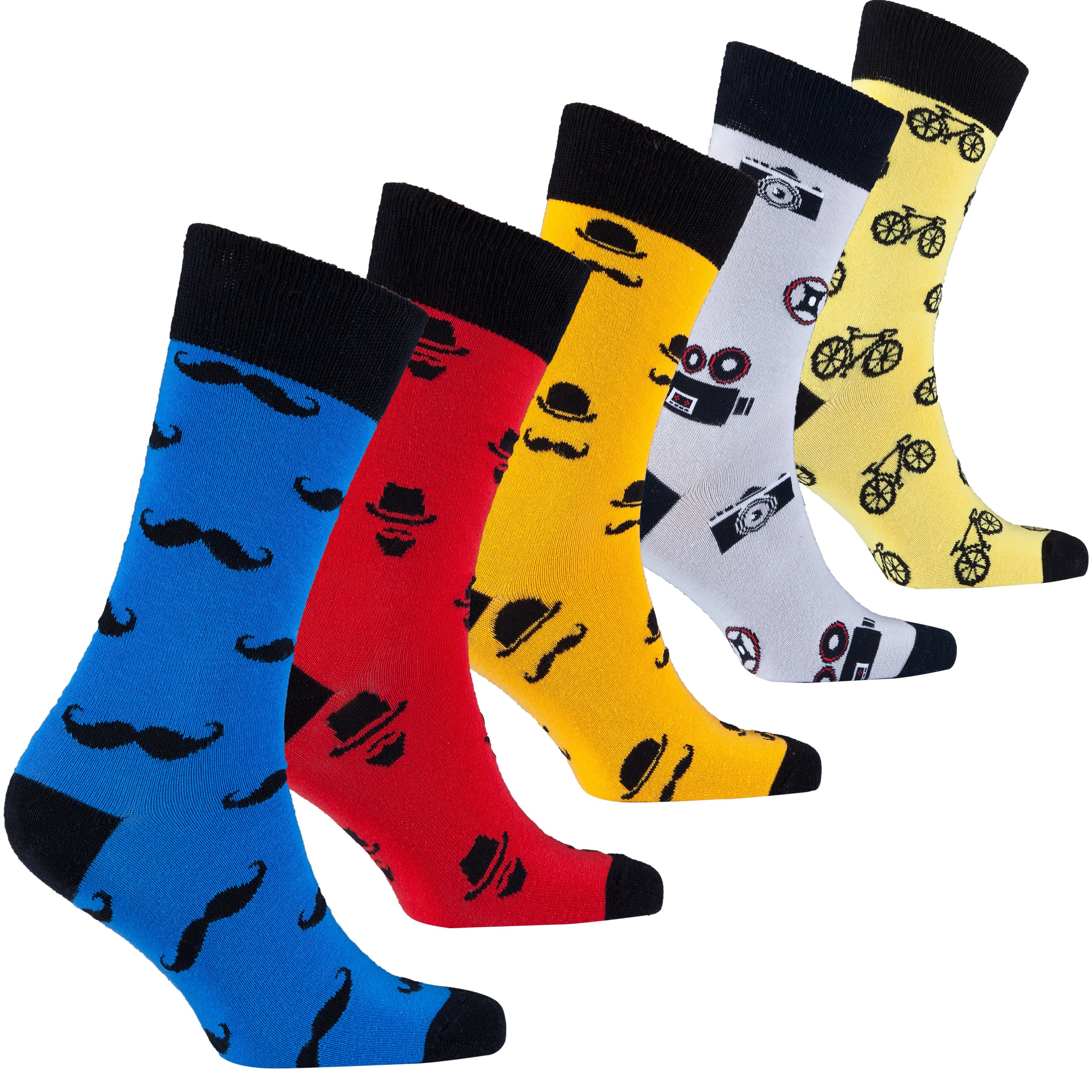 A collection of colorful Men's Funky Hipster Socks displayed in a luxurious gift box, showcasing their vibrant patterns and soft fabric.