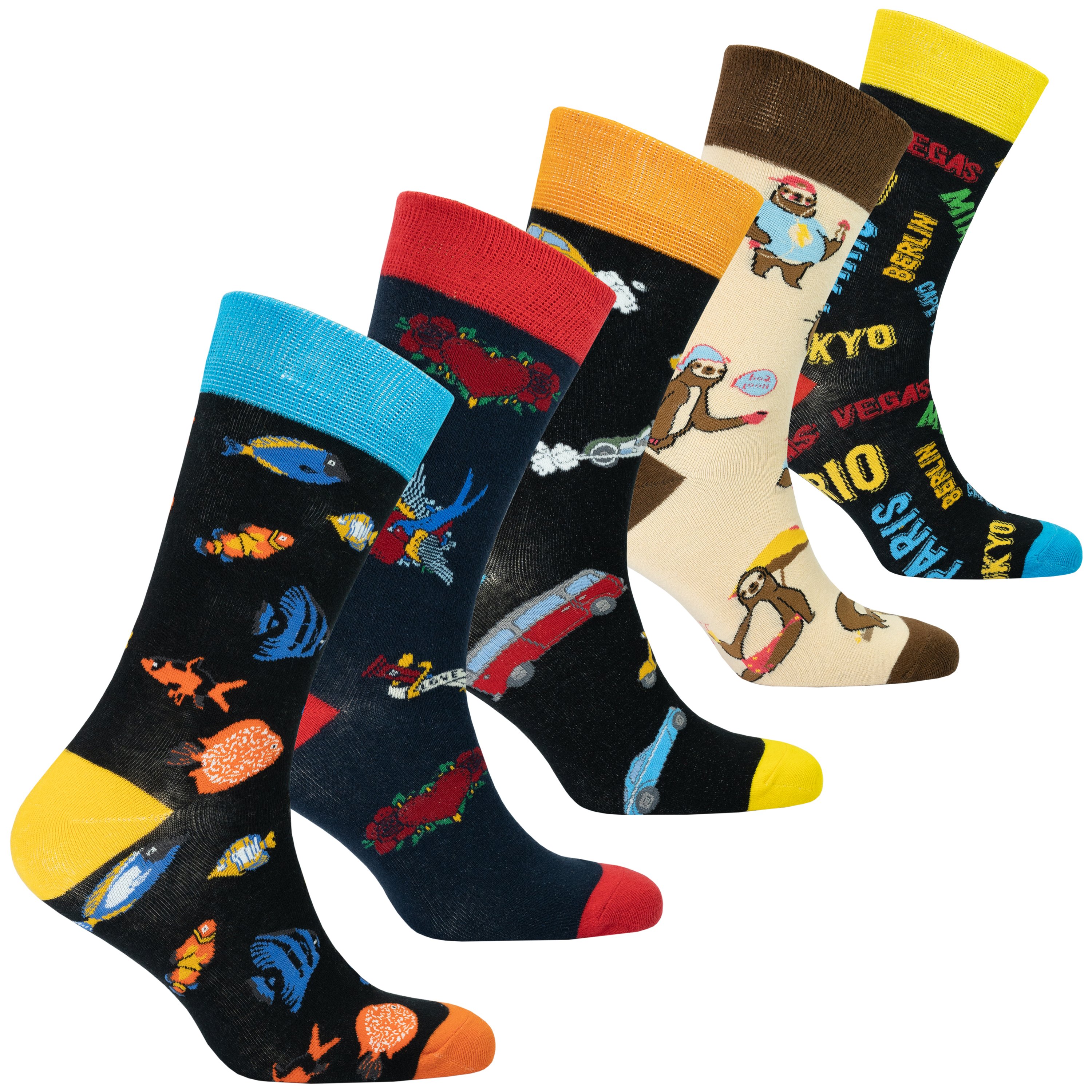 A collection of colorful men's funky socks featuring various trendy patterns and designs, perfect for adding style to any outfit.