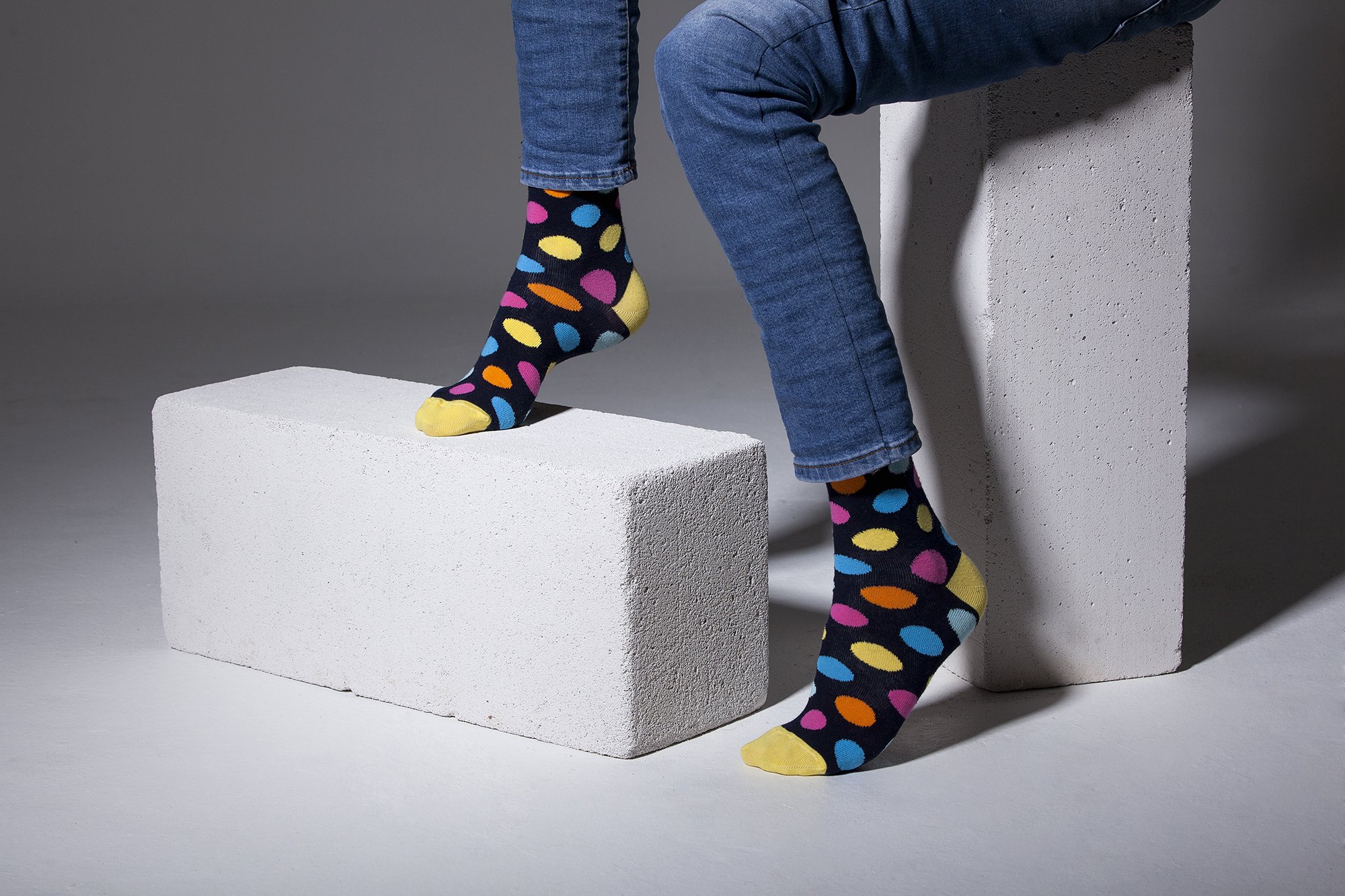 Men's Gold Marine Dot Socks featuring a vibrant design with gold dots on a marine background, perfect for adding style to any outfit.