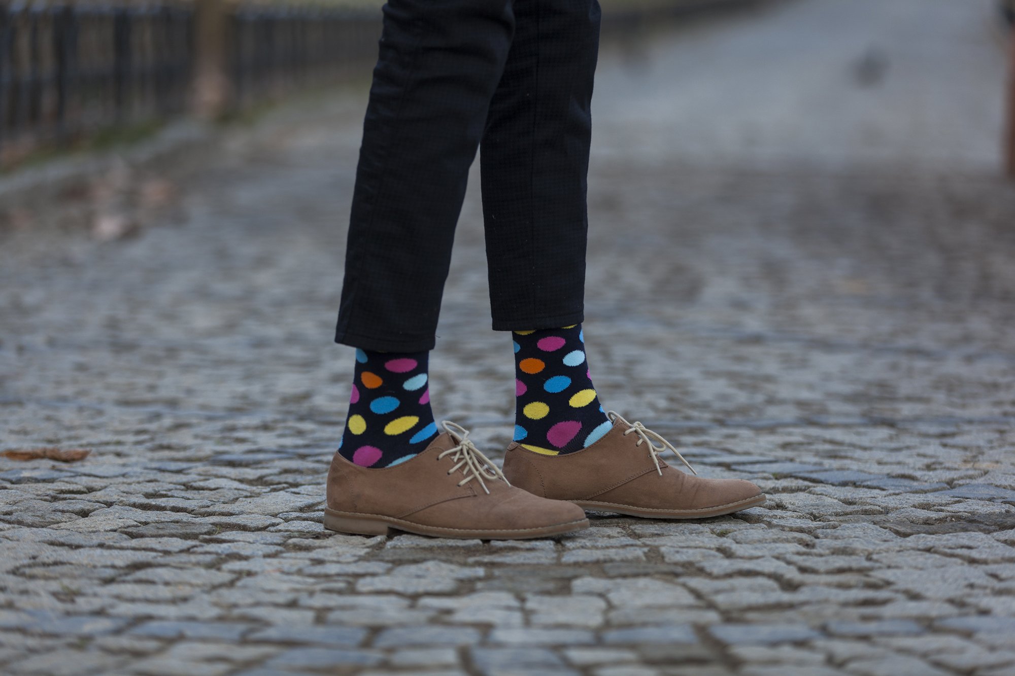 Men's Gold Marine Dot Socks featuring a vibrant design with gold dots on a marine background, perfect for adding style to any outfit.