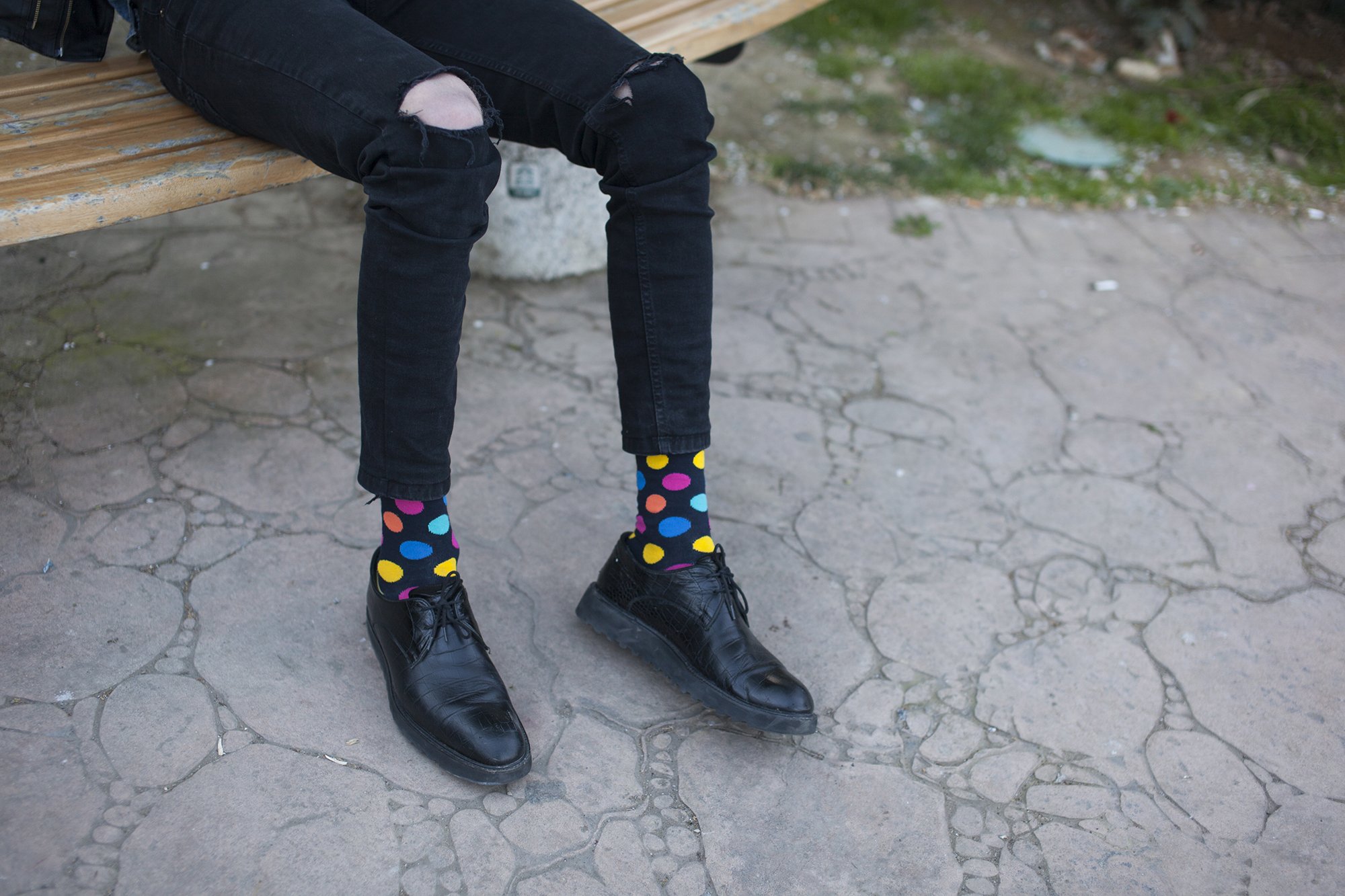 Men's Gold Marine Dot Socks featuring a vibrant design with gold dots on a marine background, perfect for adding style to any outfit.