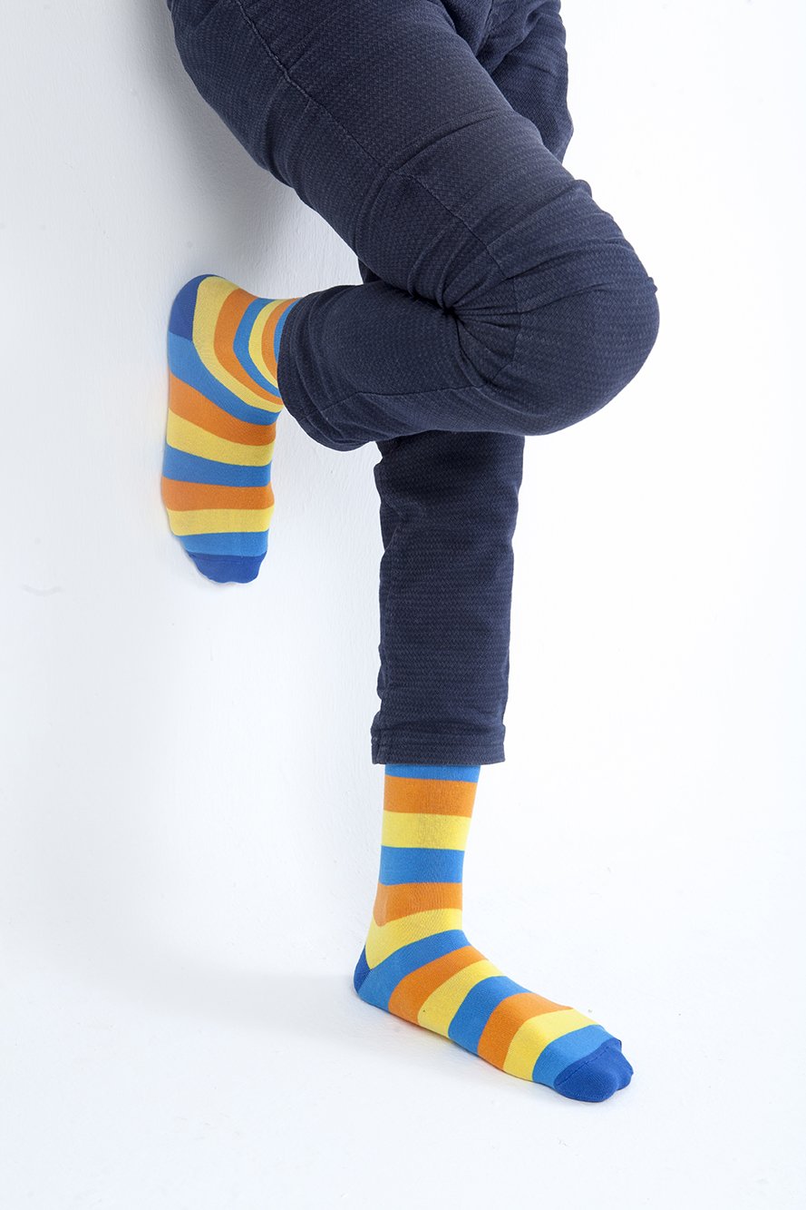 Men's Golden Bird Stripe Socks featuring colorful patterns and premium Turkish cotton for comfort and style.