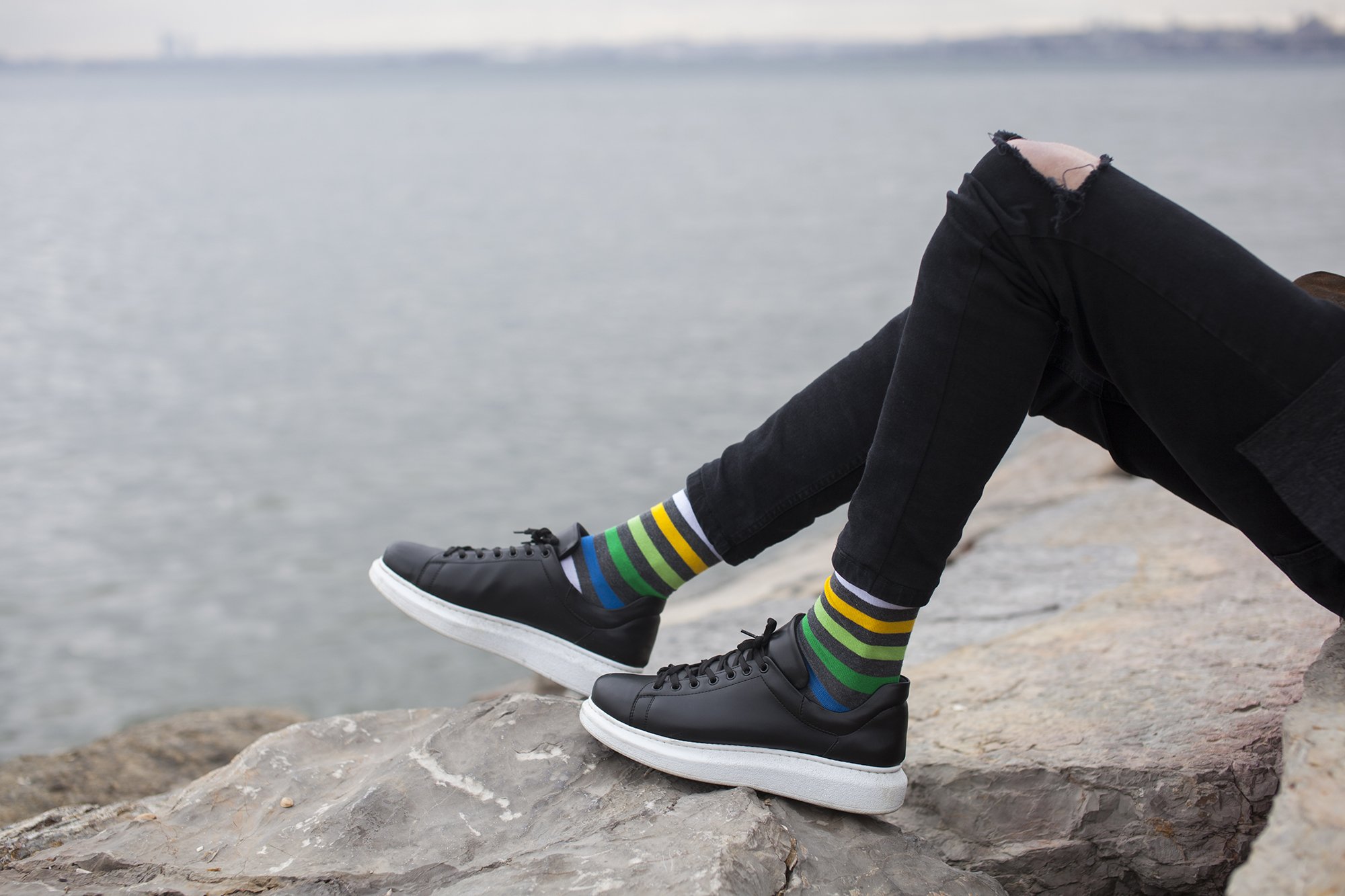 Men's Grey Emerald Stripe Socks featuring a stylish design with vibrant colors and a comfortable fit.